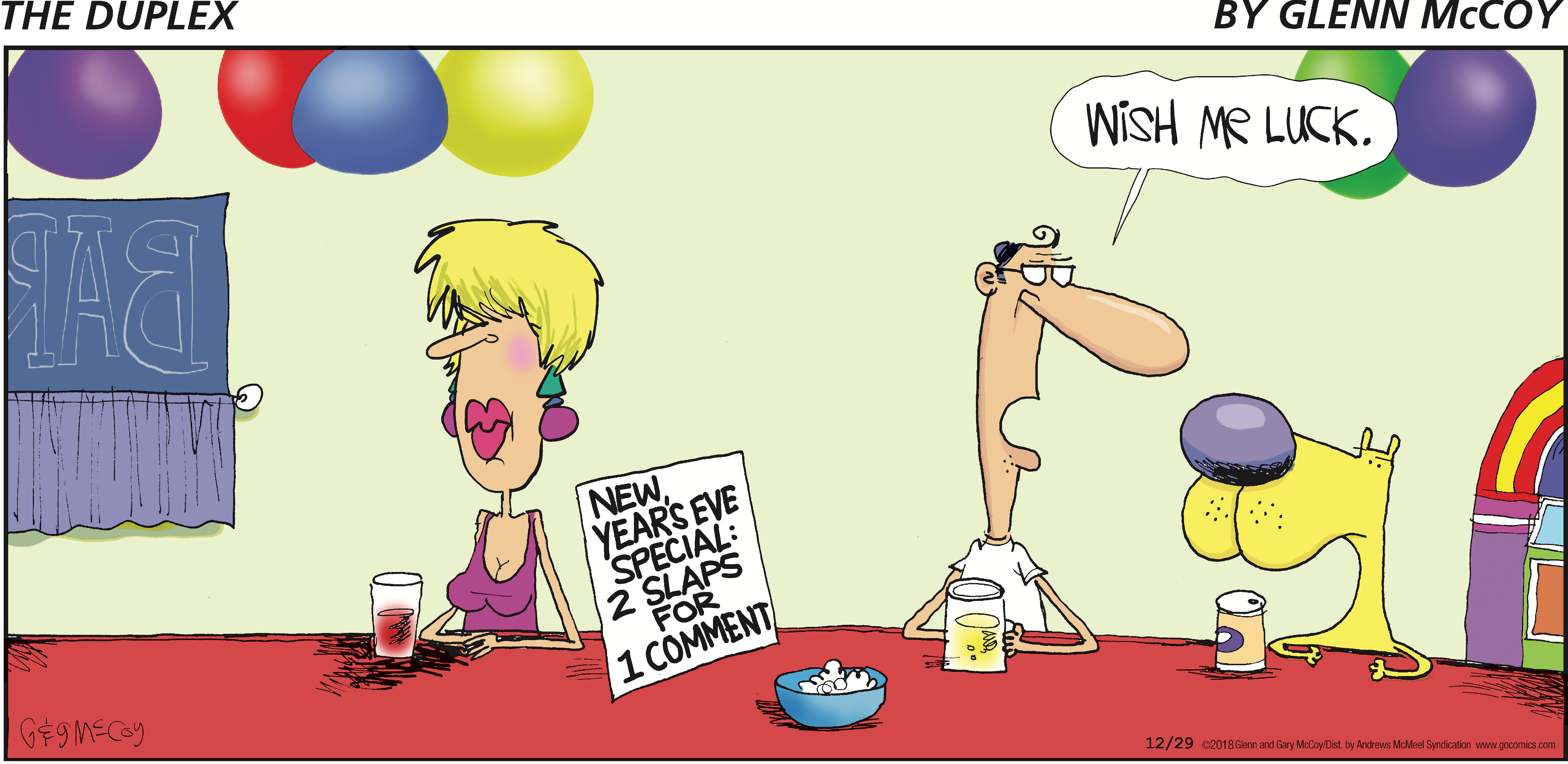 A humorous comic strip featuring characters in a bar celebrating New Year's Eve. A woman with blonde hair sits at the bar, while a man beside her appears skeptical. A sign reads 