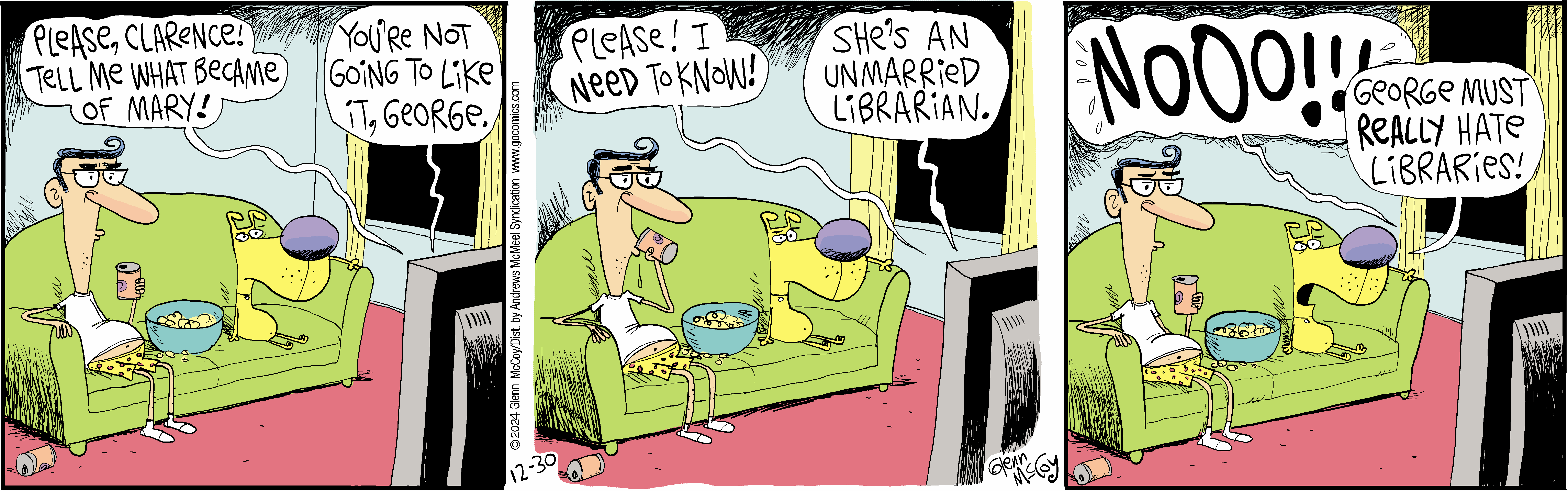 Cartoon depicting two characters on a couch discussing a woman named Mary, with one character expressing curiosity about her fate. The scene includes a dog and humorous commentary about librarians, emphasizing the comedic nature of the dialogue.