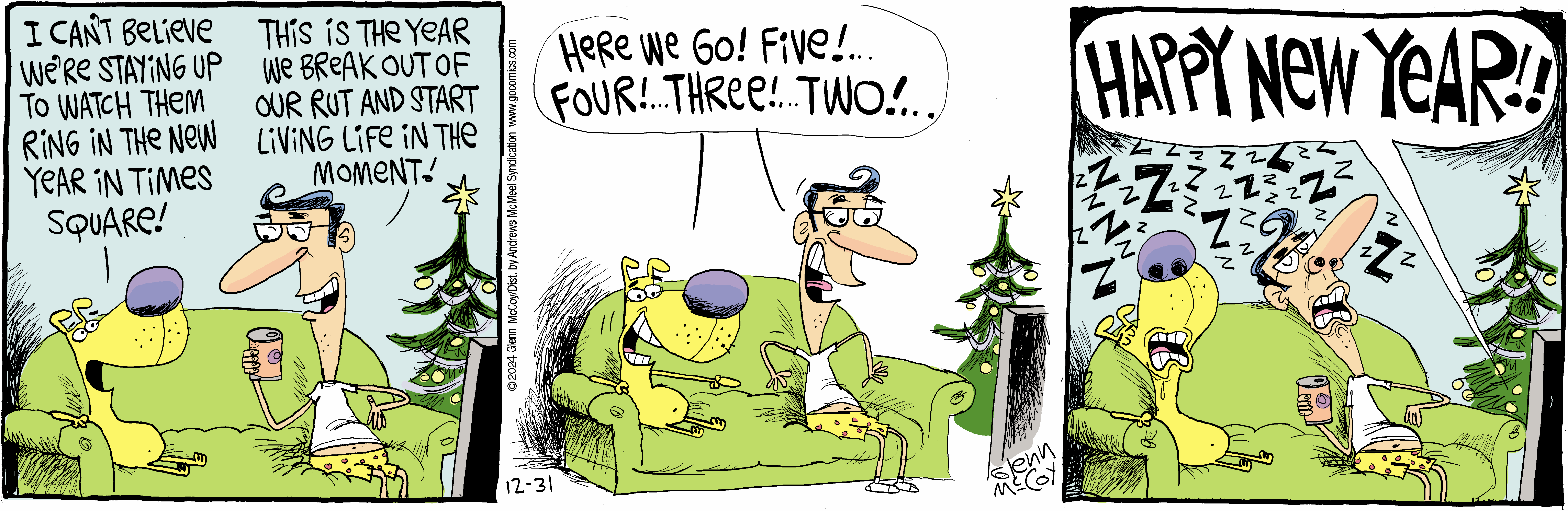 A humorous comic strip depicting a man and his dog watching the New Year's Eve countdown on TV from their couch, with a Christmas tree in the background. The man expresses disbelief about staying up to watch the Times Square ball drop, while the dog seems uninterested and falls asleep as the countdown begins. The scene captures the lighthearted spirit of New Year's celebrations.