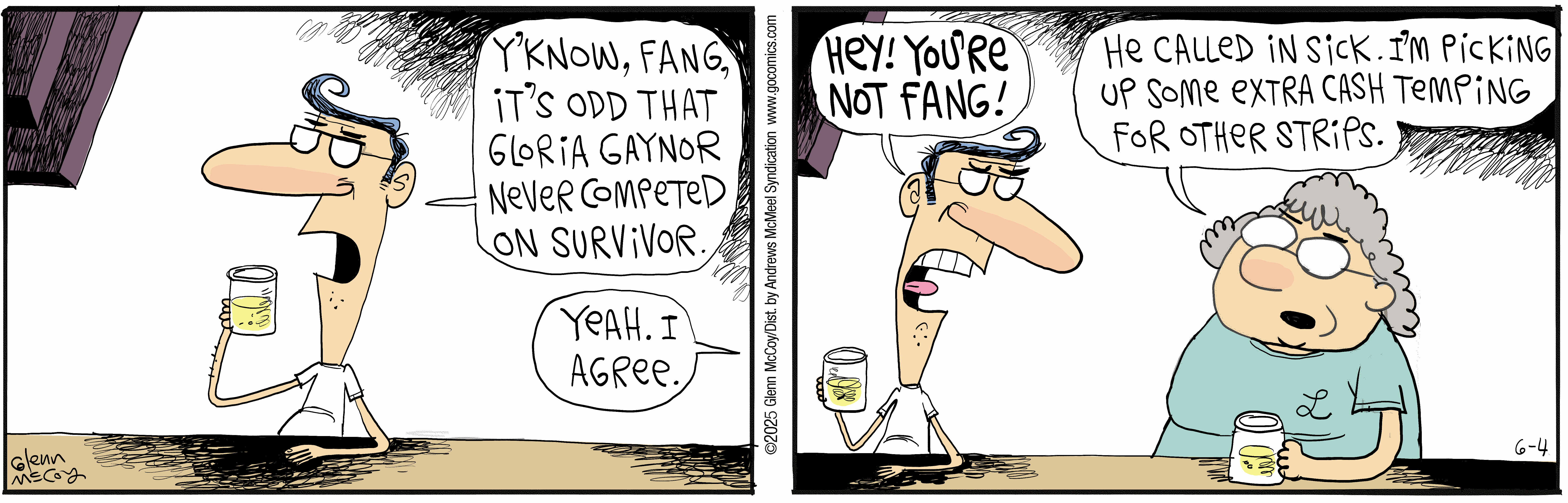 Two cartoon characters engage in humorous dialogue about Gloria Gaynor not competing on Survivor. One character holds a drink, while the other, wearing glasses, responds to a mistaken identity. The scene captures a light-hearted moment with a playful exchange.