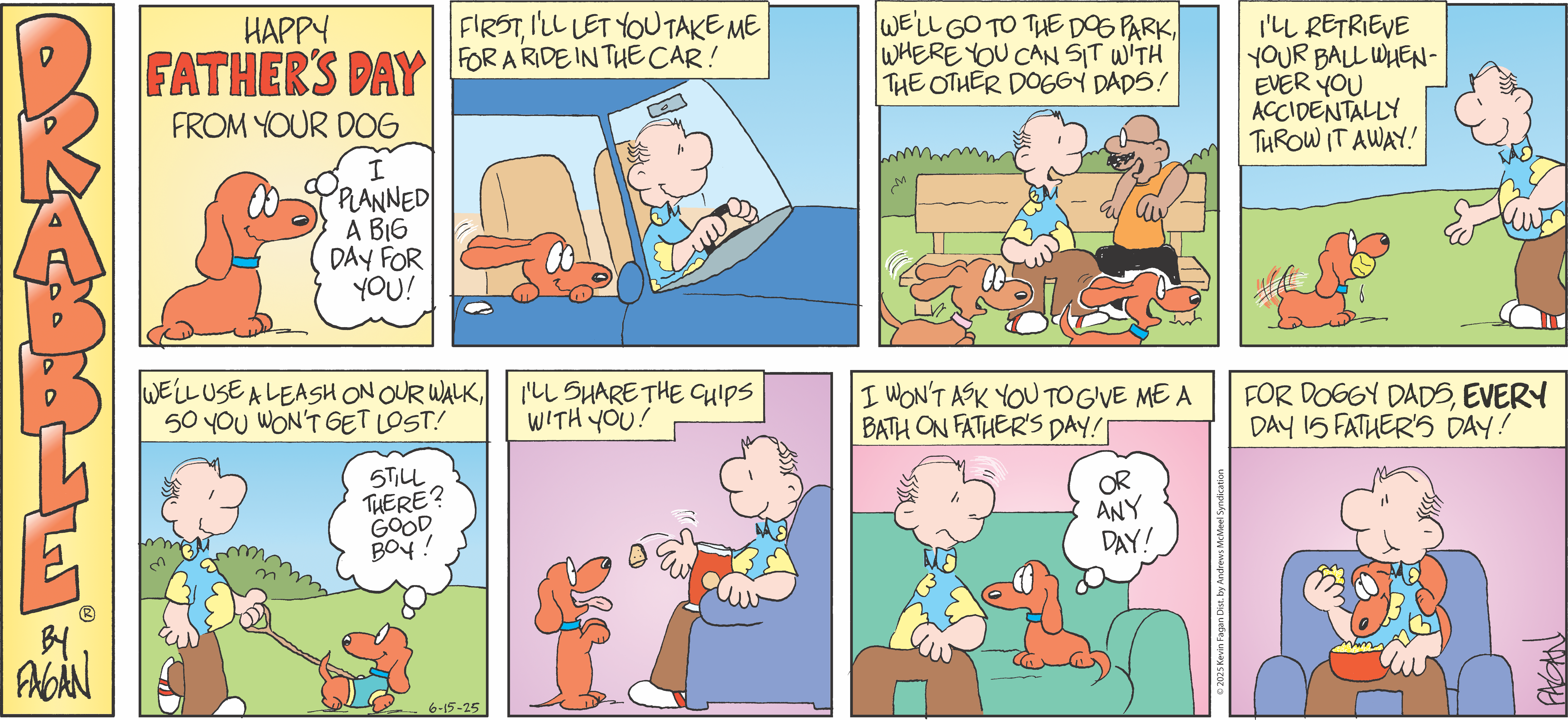 A comic strip featuring a boy and his dog discussing a car ride. The boy explains rules for the trip, while the dog expresses excitement. The scenes depict their playful interaction and humorous dialogue about sharing snacks and special occasions.