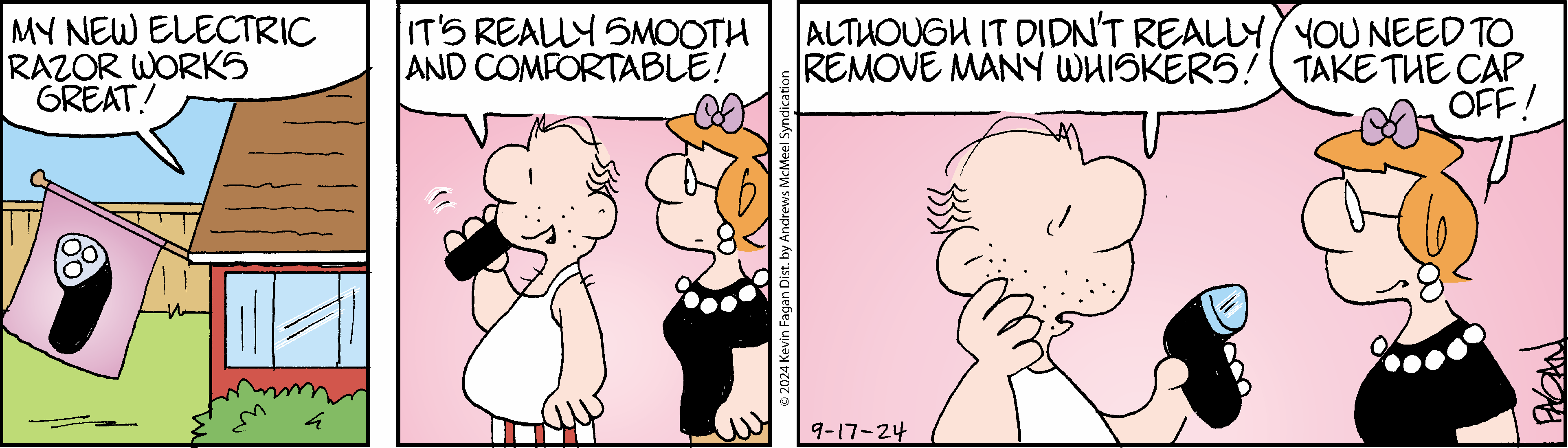 A humorous comic strip featuring a man excitedly showcasing his new electric razor, claiming it works great and feels smooth. However, a woman points out that it hasn't removed many whiskers, suggesting he needs to remove the cap first. The background includes a house with a flag displaying an electric razor design.