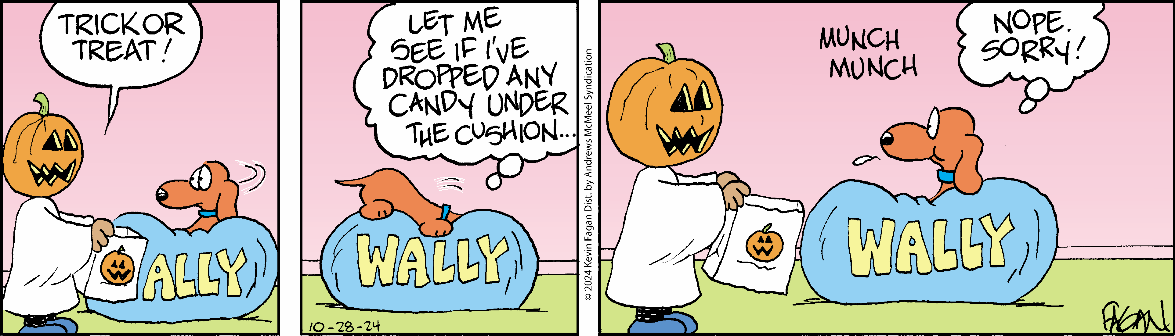 A cartoon featuring a character with a pumpkin head dressed in a ghost costume, searching for candy under a cushion, with a playful Halloween theme. The left panel shows the character thinking about finding candy, while the right panel depicts the character holding a bag of treats.