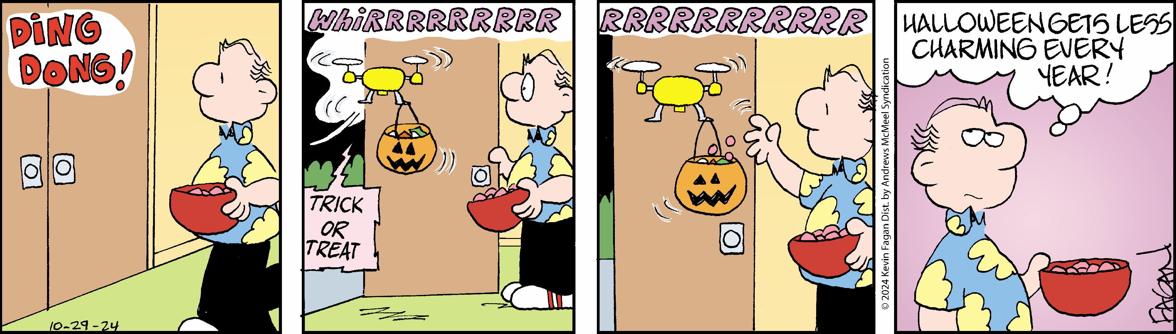 A cartoon scene depicting a man in a colorful shirt holding a bowl of candy at his front door, while a drone delivers a Halloween pumpkin basket filled with treats. The left panel shows the man surprised by the doorbell, while the right panel features the drone hovering with the pumpkin basket.
