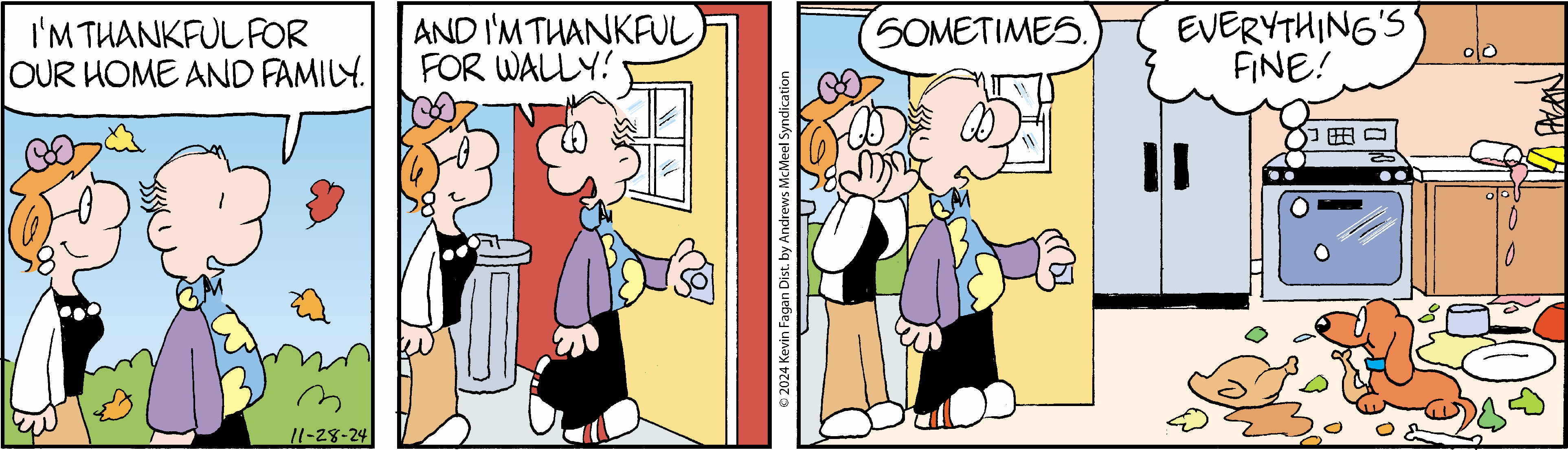 Cartoon depicting a man entering a room with a surprised expression, while a woman whispers to another man. The scene captures a humorous moment related to gratitude and surprise, showcasing the characters' playful interaction.
