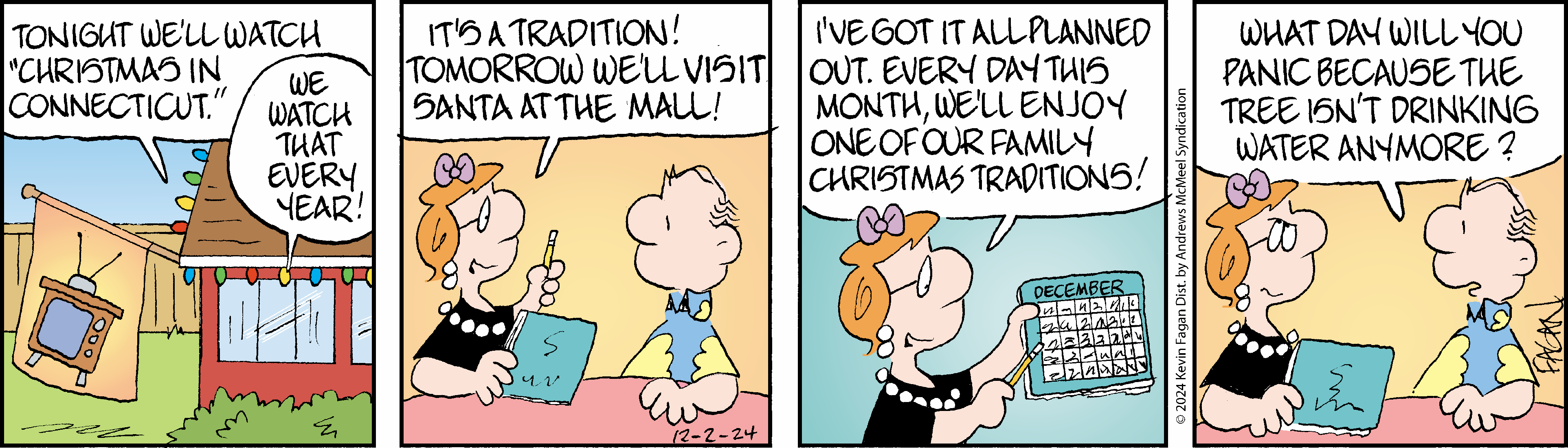 Comic strip featuring two characters discussing a holiday tradition of visiting the mall and planning monthly activities leading up to Christmas. One character expresses excitement about the plan, while the other shares details about the schedule.