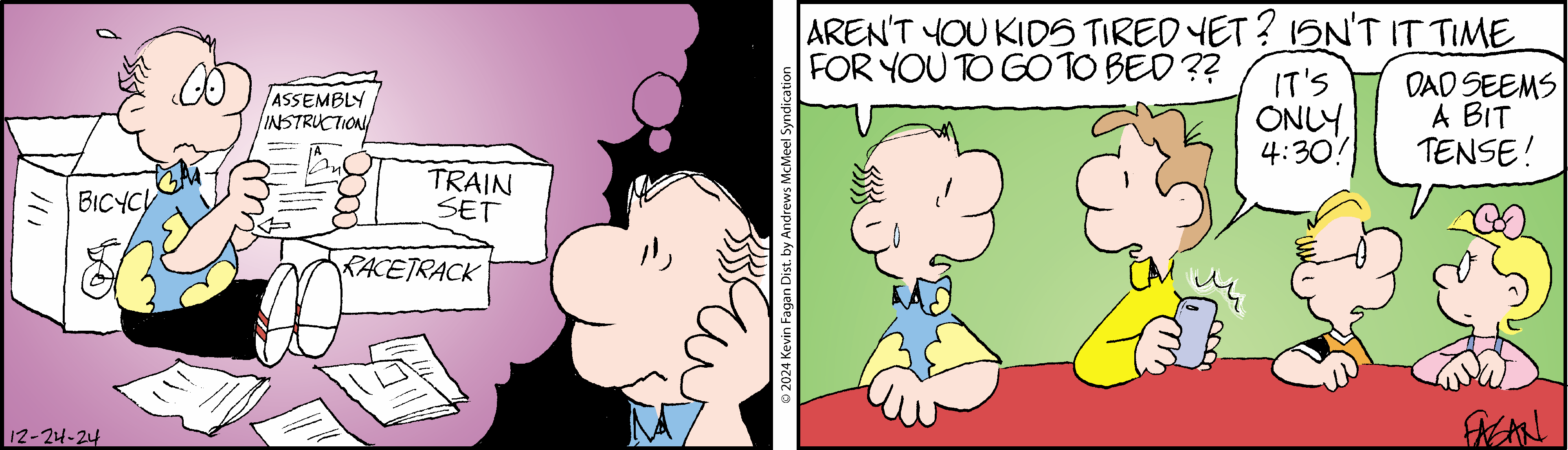 Cartoon panel featuring a character with a thoughtful expression on the left, surrounded by purple thought bubbles, and another character on the right, wearing a colorful shirt, looking surprised and speaking. The dialogue suggests a humorous conversation about taking action.