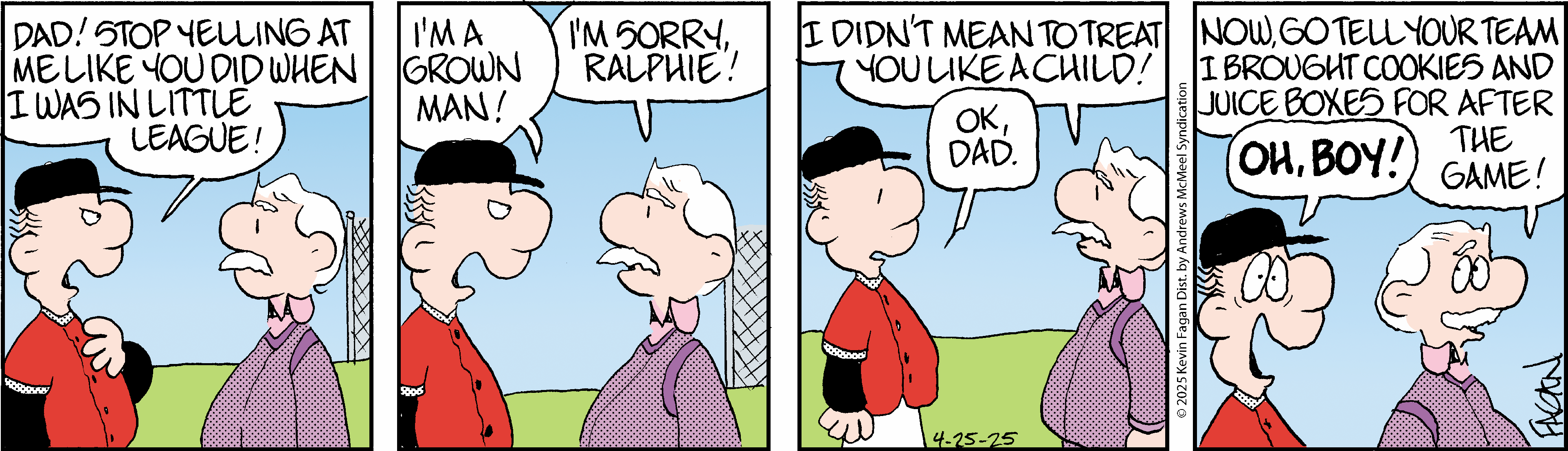 Comic strip featuring two characters, one with white hair in a purple sweater apologizing to a younger boy in a baseball cap and red shirt. The scene captures a lighthearted moment, showcasing a conversation between them about feelings and misunderstandings.