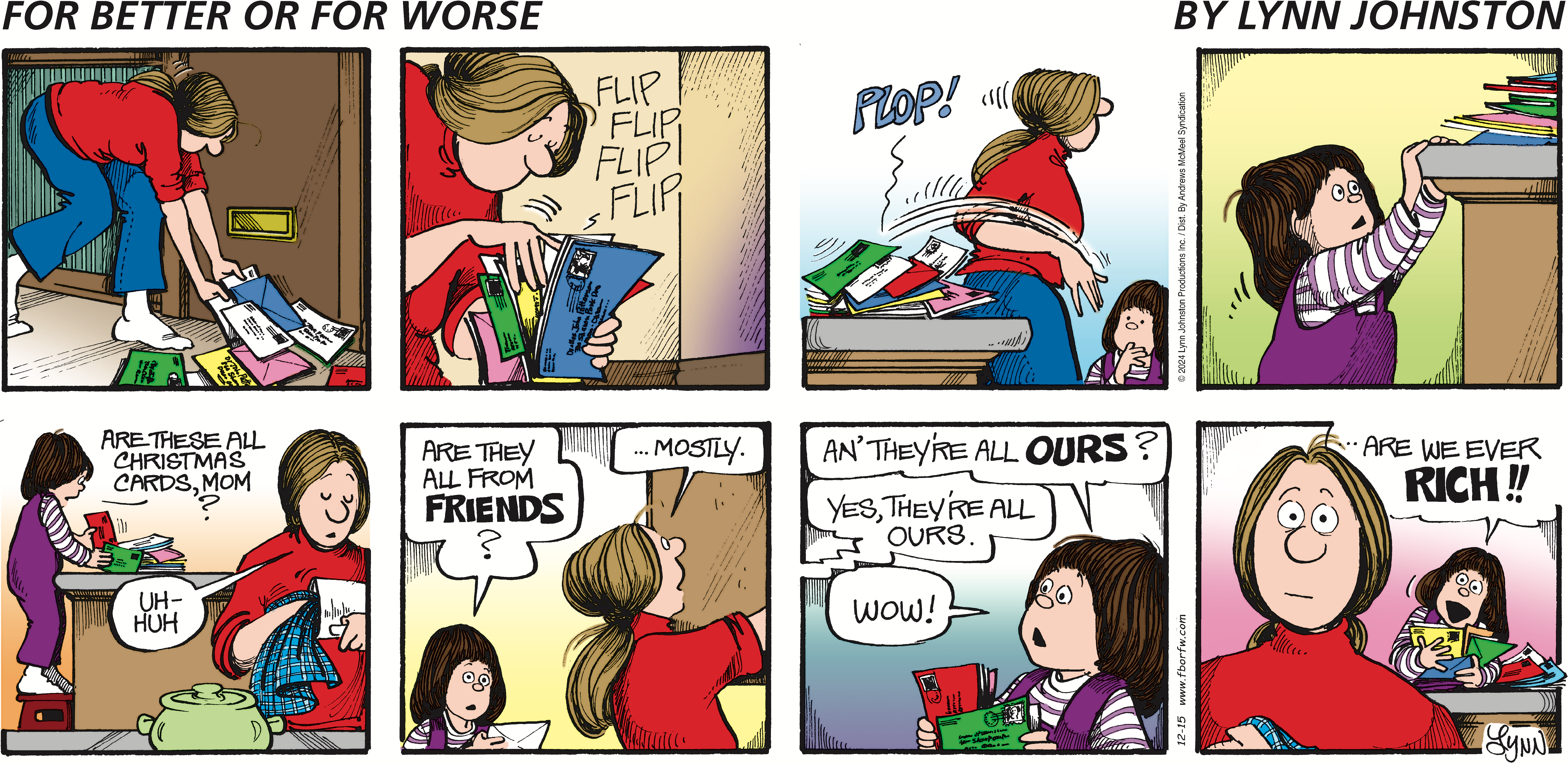 A comic strip depicting a mother sorting through a pile of greeting cards while her daughter watches. The mother expresses frustration with the cards, and the daughter excitedly realizes they are all for them. The scene conveys themes of family, friendship, and the joy of receiving cards.