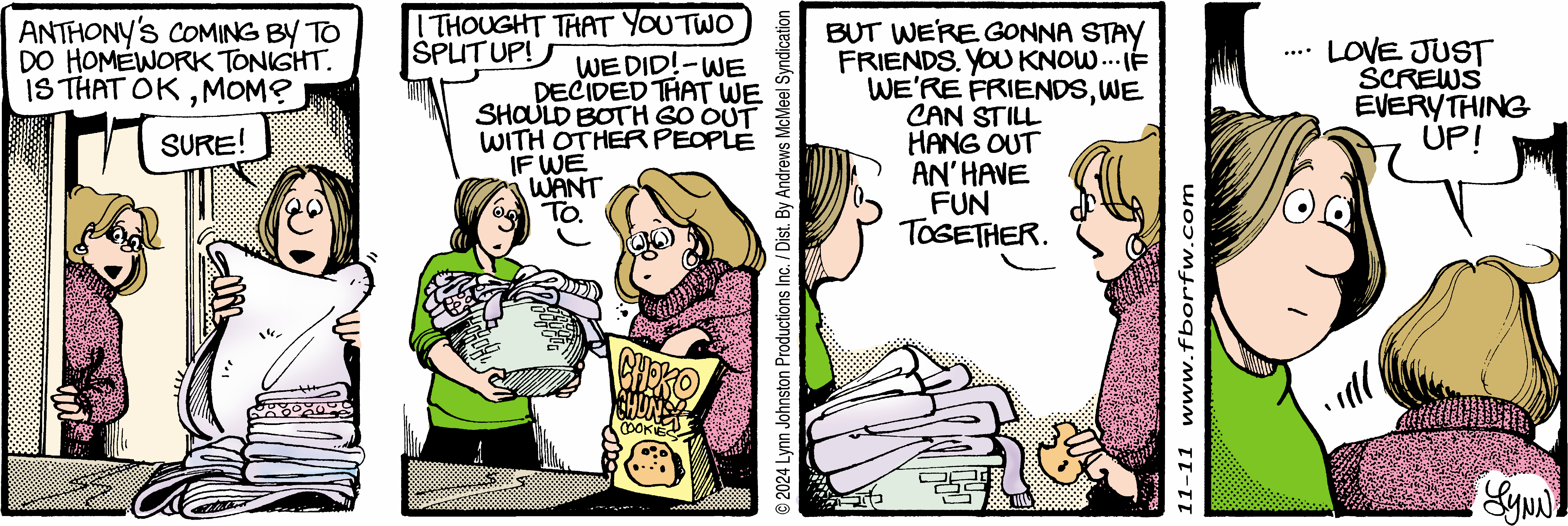 Two women discussing a homework plan while addressing a recent breakup. One woman expresses surprise that her friend is still hanging out with her ex, while the other reassures her about their friendship. The scene captures themes of teenage relationships and friendship dynamics.