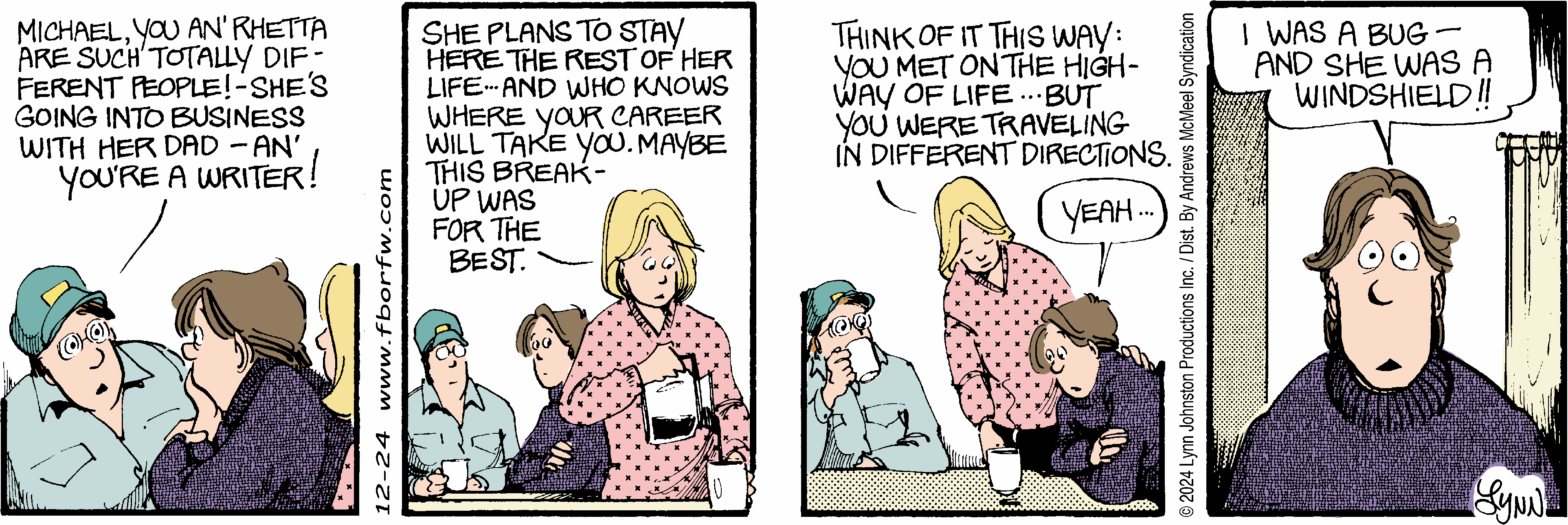 Comic strip featuring characters discussing a breakup. One character reflects on the differences between their life paths, with a humorous analogy about being a bug and a windshield. Themes of career choices and relationship dynamics are explored.