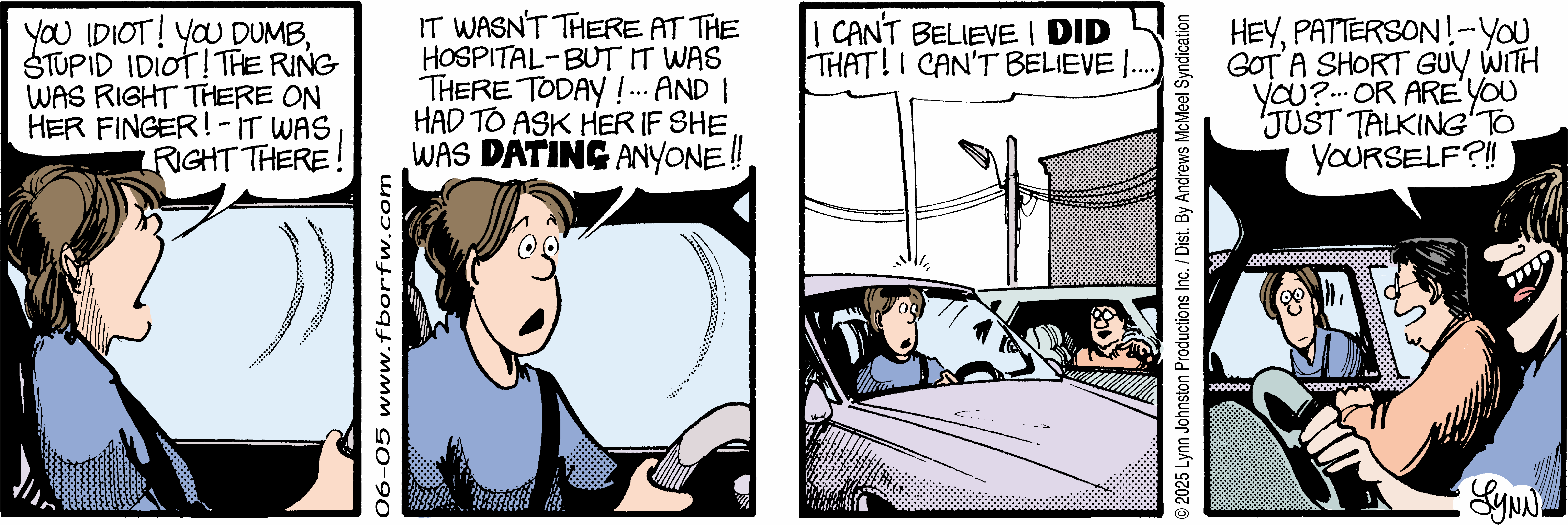 A humorous comic strip featuring a woman expressing frustration about a missing ring, implying a misunderstanding in a conversation about relationships. She reacts in disbelief about asking someone if they are dating, while a male character in another car comments on her behavior, questioning if she is talking to herself. The scene captures a moment of comedic confusion and social interaction.