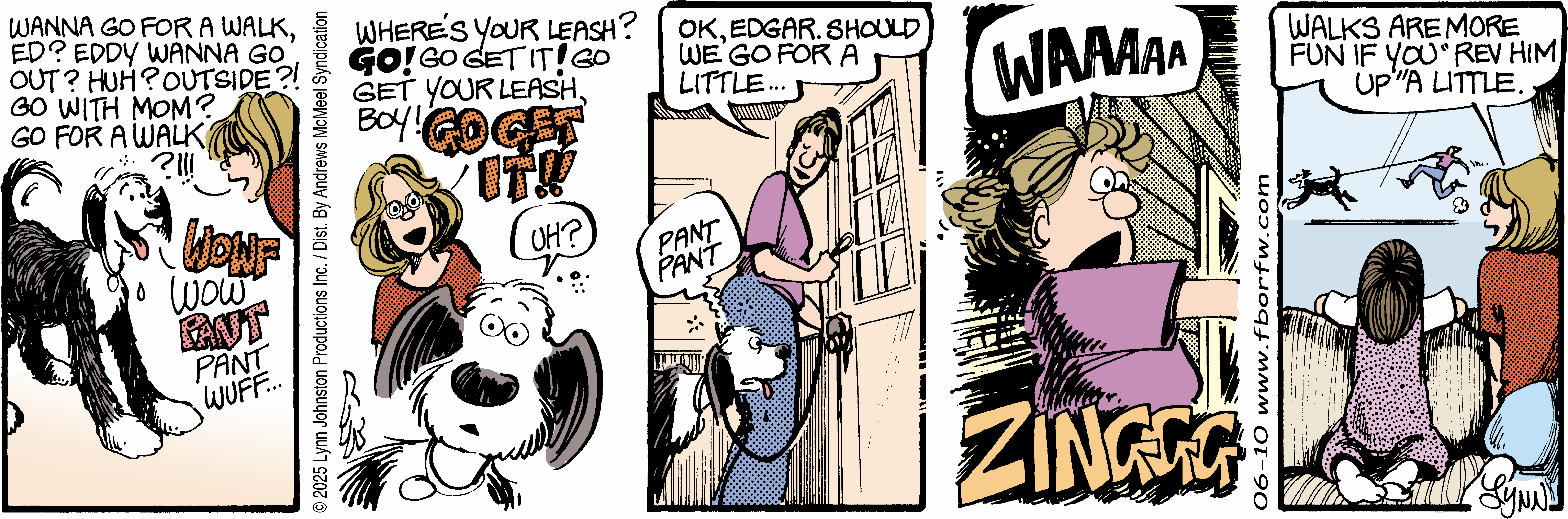 Comic strip featuring a humorous dialogue between a woman and her dog, Edgar, as they prepare for a walk. The woman is holding a leash, while the dog expresses excitement. The scene captures the playful dynamic between pet and owner.