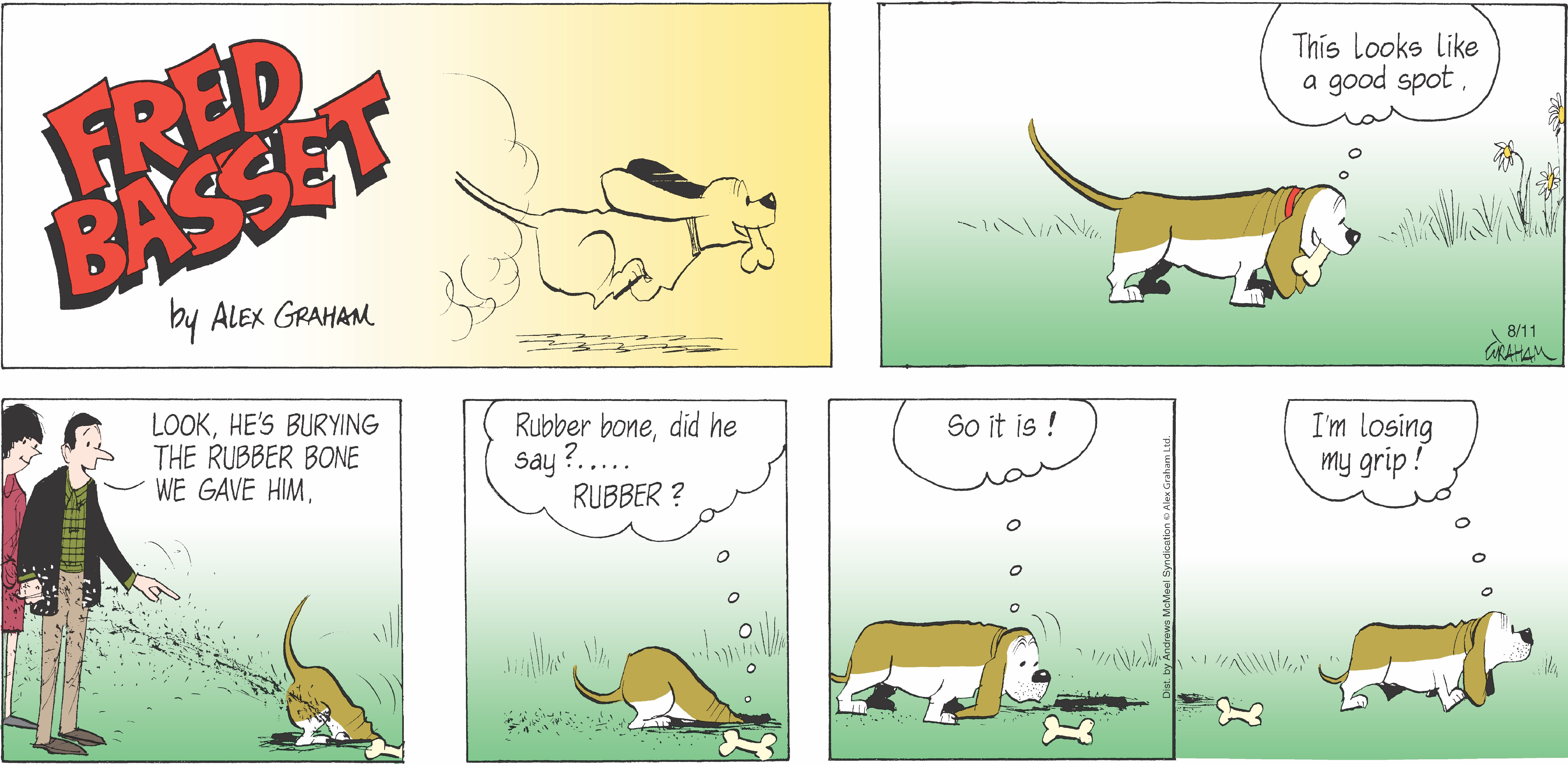 A comic strip featuring a dog running energetically in the first panel, followed by a dialogue about a bone. The dog appears contemplative in the last panel, considering whether to go after the bone. The scene is set in a grassy area, emphasizing a playful and humorous theme.