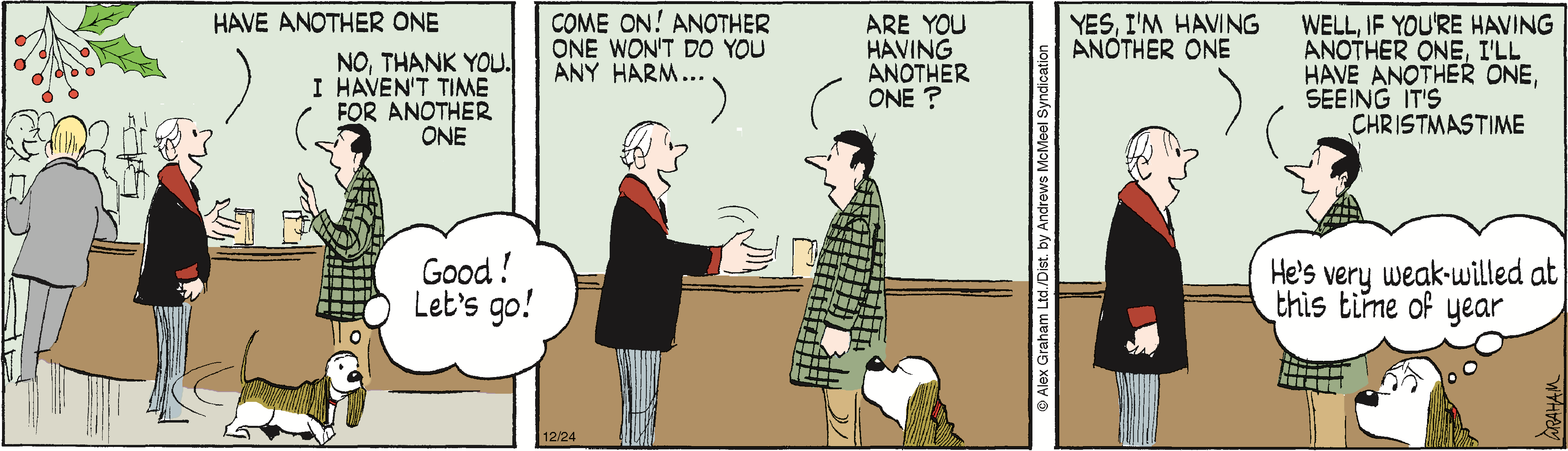 A humorous cartoon depicting a conversation at a bar during the Christmas season, where one character declines another drink, while a friend encourages him to indulge. The scene includes a dog and festive decorations, capturing the light-hearted spirit of holiday gatherings.