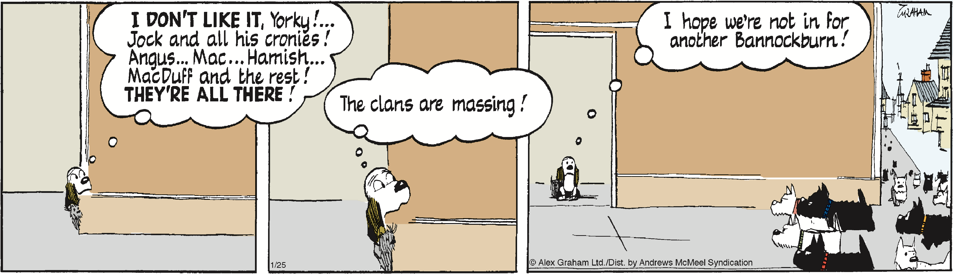 A humorous comic strip featuring a dog expressing concern about his friends, mentioning names like Jock, Angus, and MacDuff, while another dog worries about the clans being missing and hopes they aren't facing another Bannockburn. The scene captures the playful dynamics among the characters in a lighthearted setting.