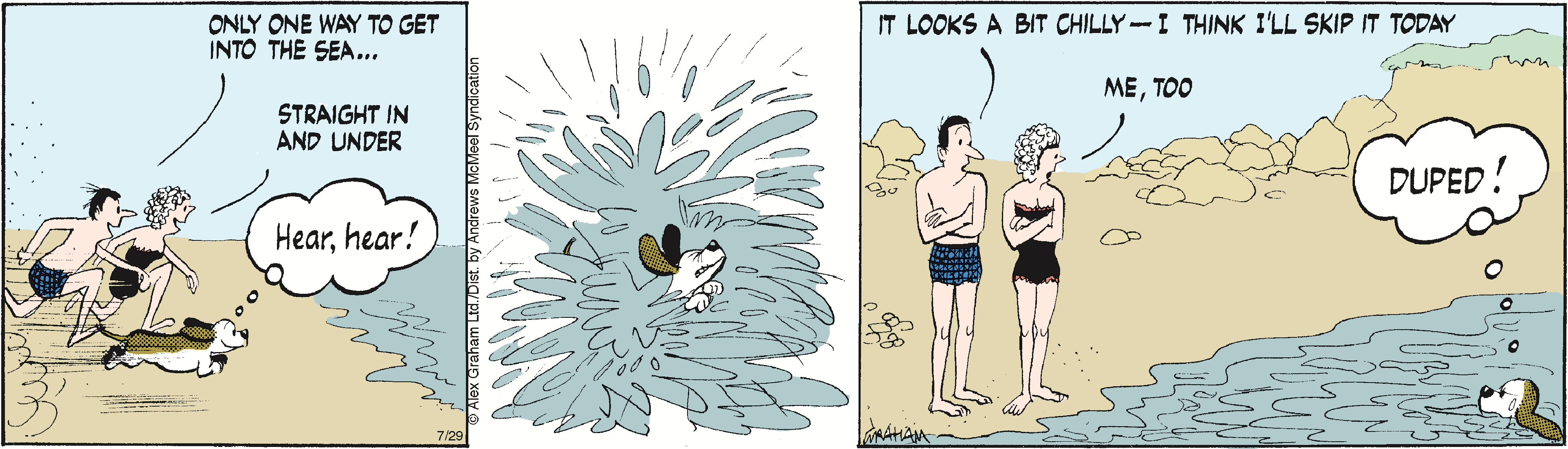 Cartoon depicting a humorous beach scene where two individuals discuss entering the sea while a dog splashes in the water. One person humorously suggests going straight in, while the dog seems to feel tricked as it enjoys the water. The scene captures the playful nature of summer beach activities.