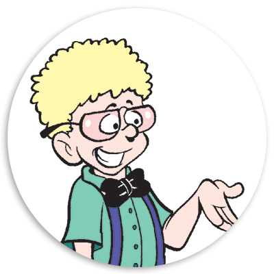 Cartoon character with curly blonde hair, wearing glasses, a turquoise shirt, and a black bow tie, gesturing with one hand and smiling.