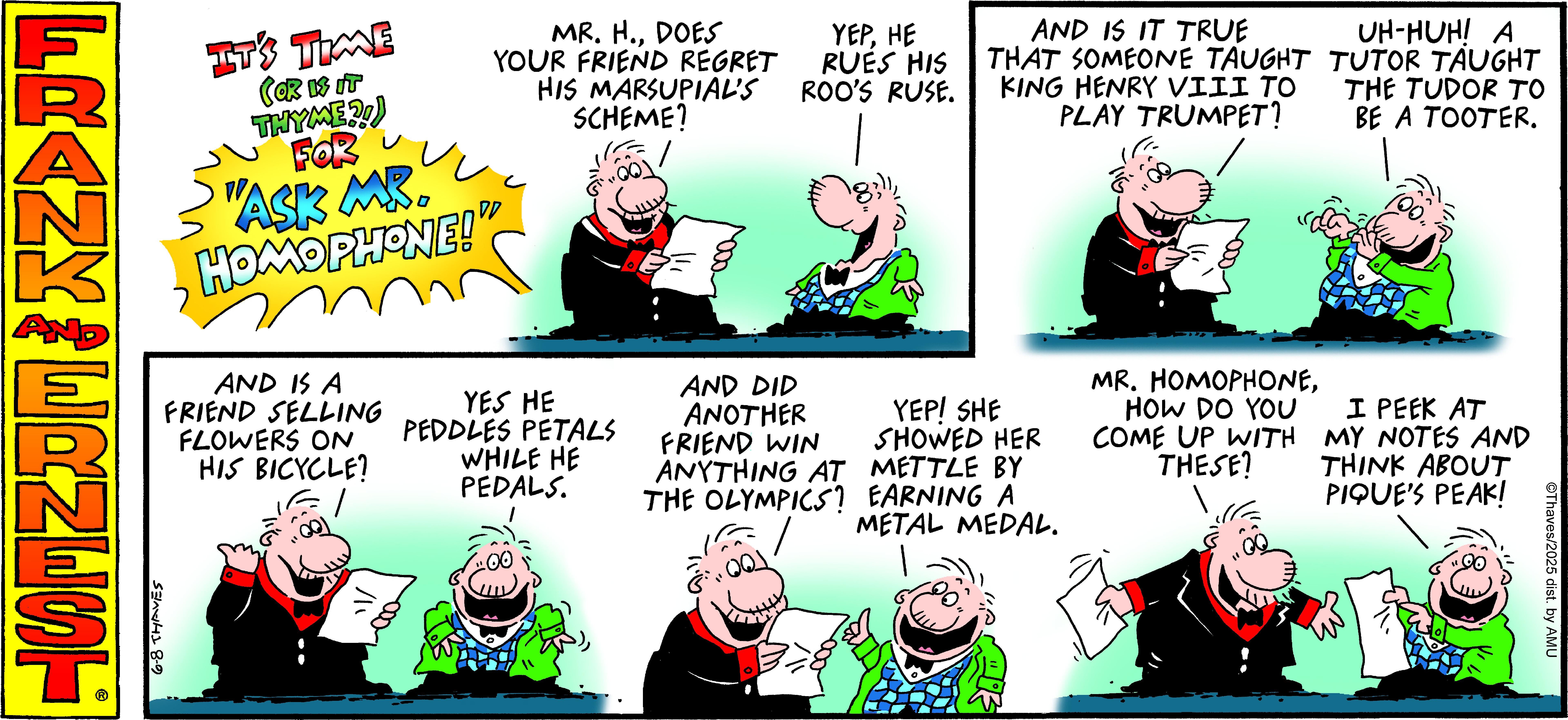 Cartoon depicting two characters discussing a friend's regret over a marzipan scheme. One character confirms the regret while the other mentions another friend's achievements at the Olympics, highlighting a contrast between the two situations. The scene conveys humor and irony in their conversation.