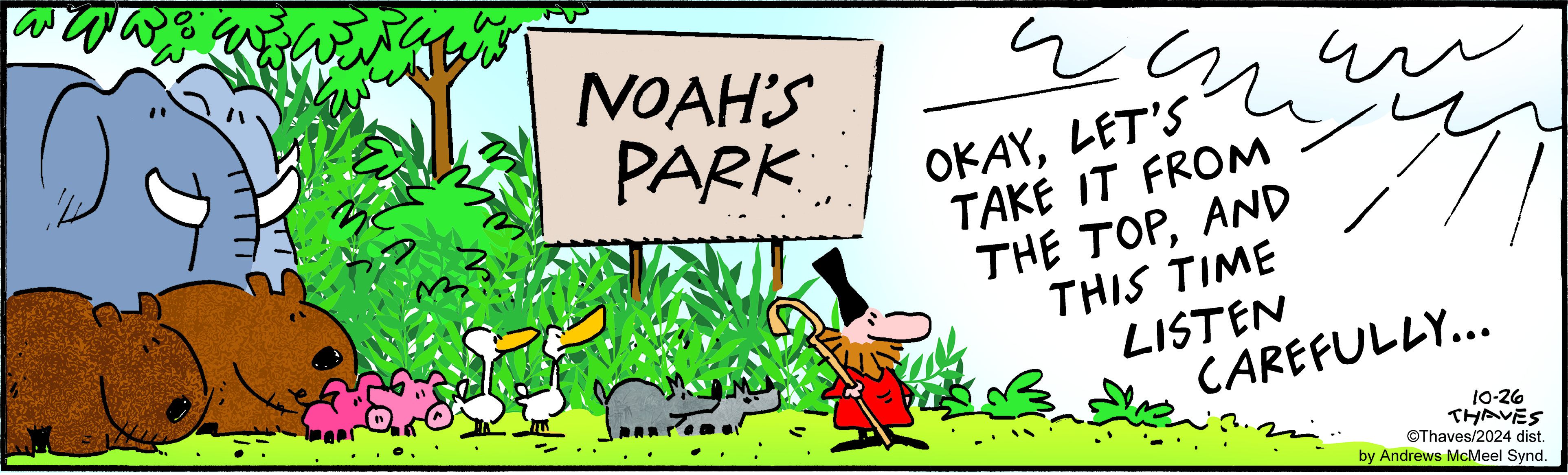 Cartoon scene at Noah's Park featuring a sign with the park's name, a character in a red outfit with a staff, a bird, and two rhinoceroses, humorously depicting a whimsical animal park setting.