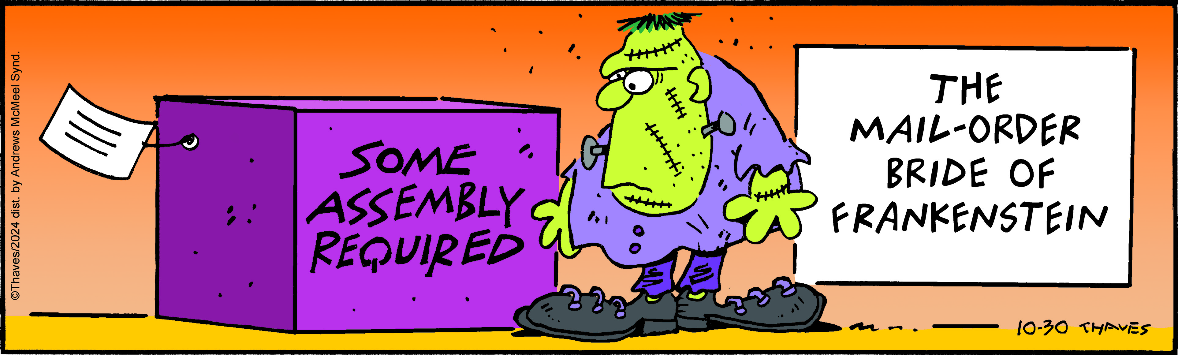 Cartoon character with green skin and stitches, wearing a purple outfit, standing next to a box labeled 