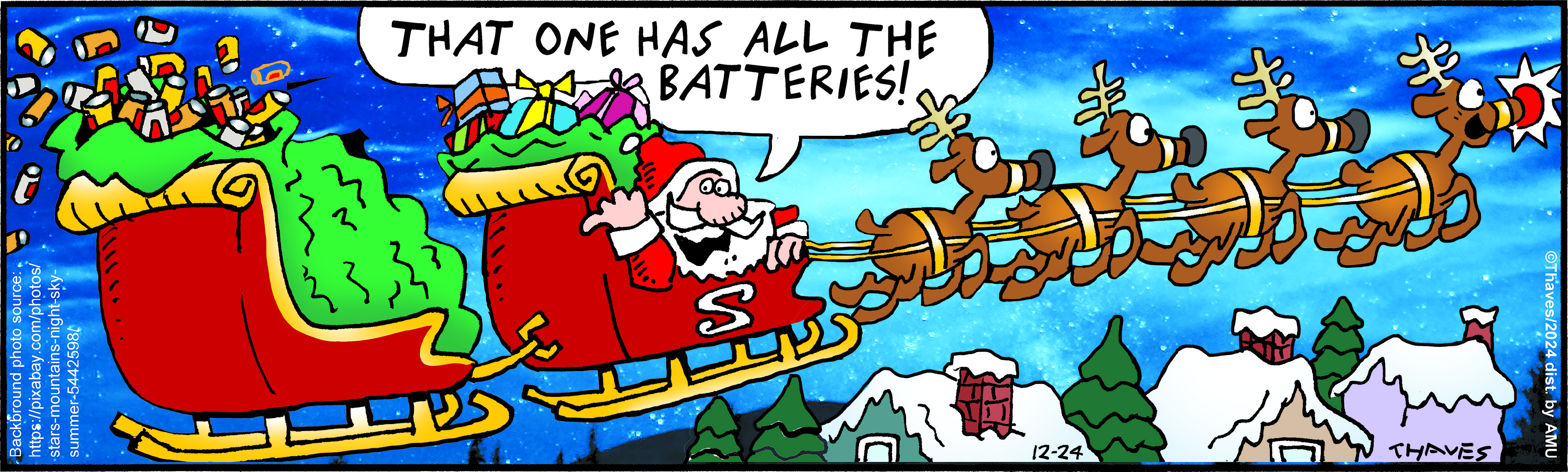 Santa Claus in a sleigh with gifts, humorously exclaiming about batteries, while being pulled by a reindeer against a snowy backdrop.