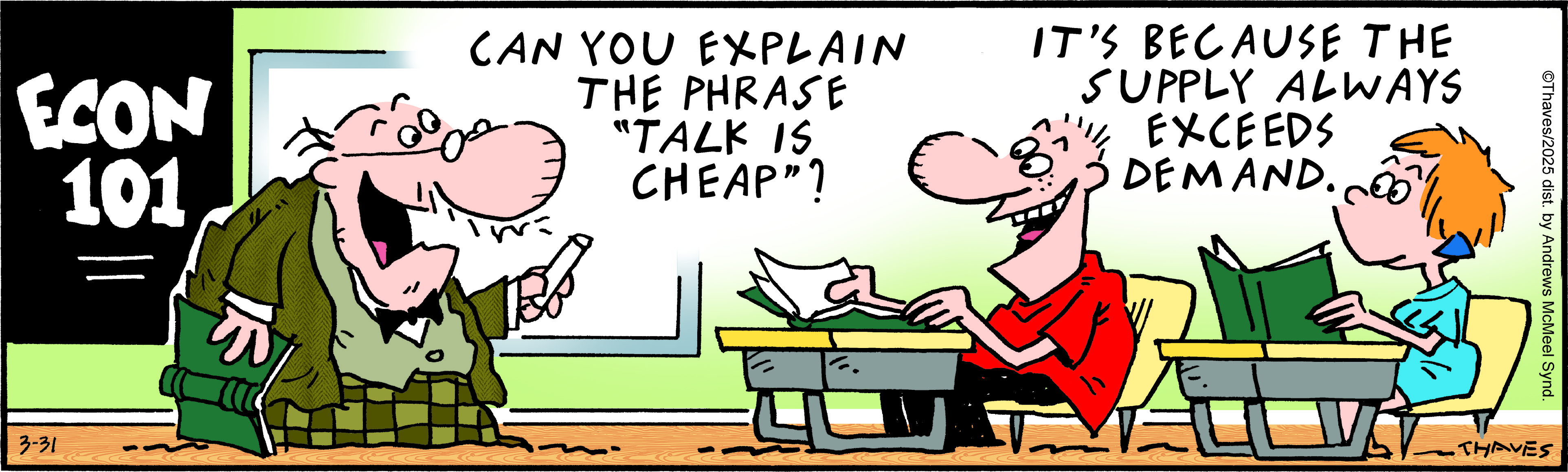 Cartoon depicting a teacher asking a student to explain the phrase 