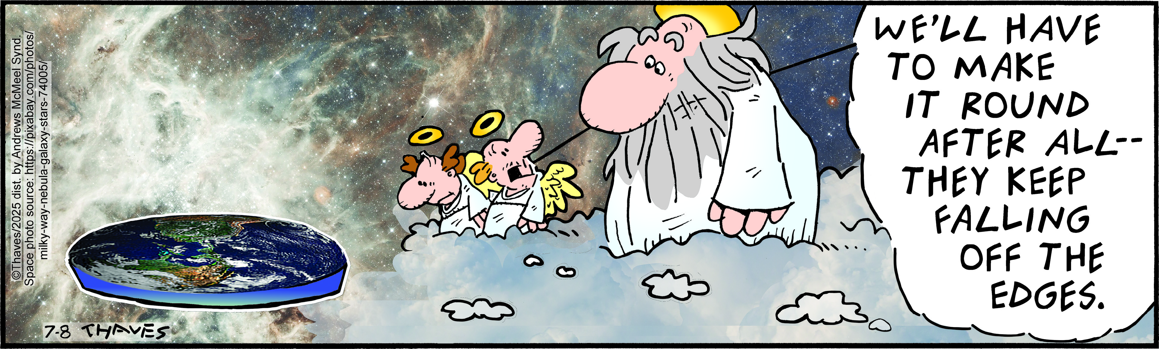 Cartoon depicting a humorous scene of God and angels discussing the shape of the Earth, set against a cosmic background. The dialogue suggests a playful take on flat Earth theories, with characters expressing concern about people 