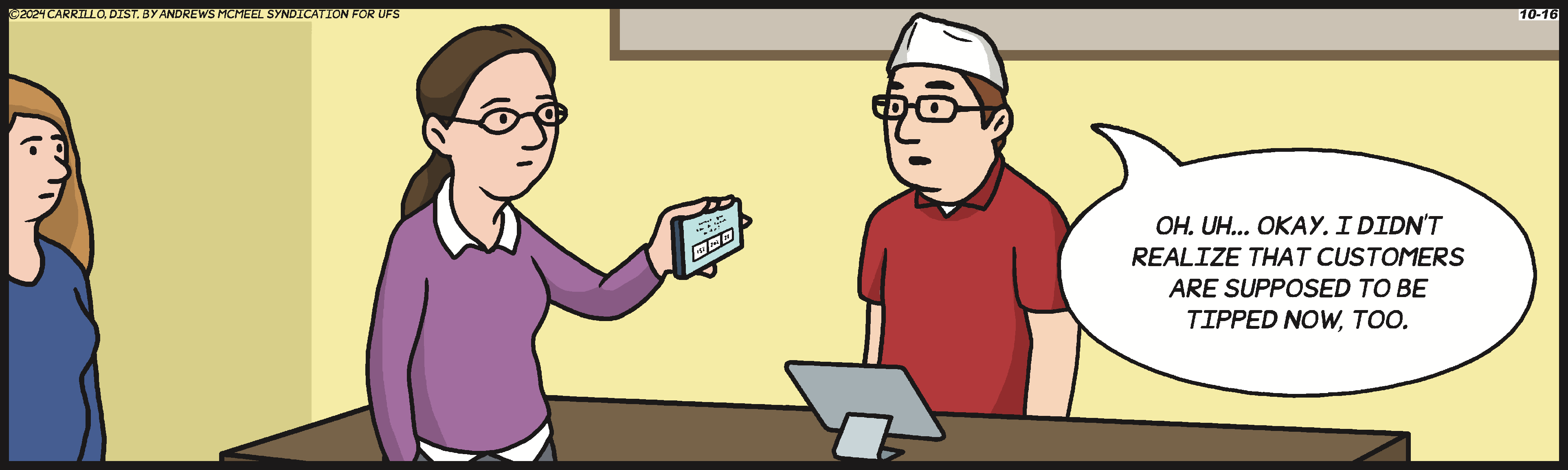 A woman in a purple sweater holds a mobile payment device while speaking with a male employee in a red shirt and white hat at a restaurant. The scene highlights a conversation about tipping customers, reflecting on modern dining practices.
