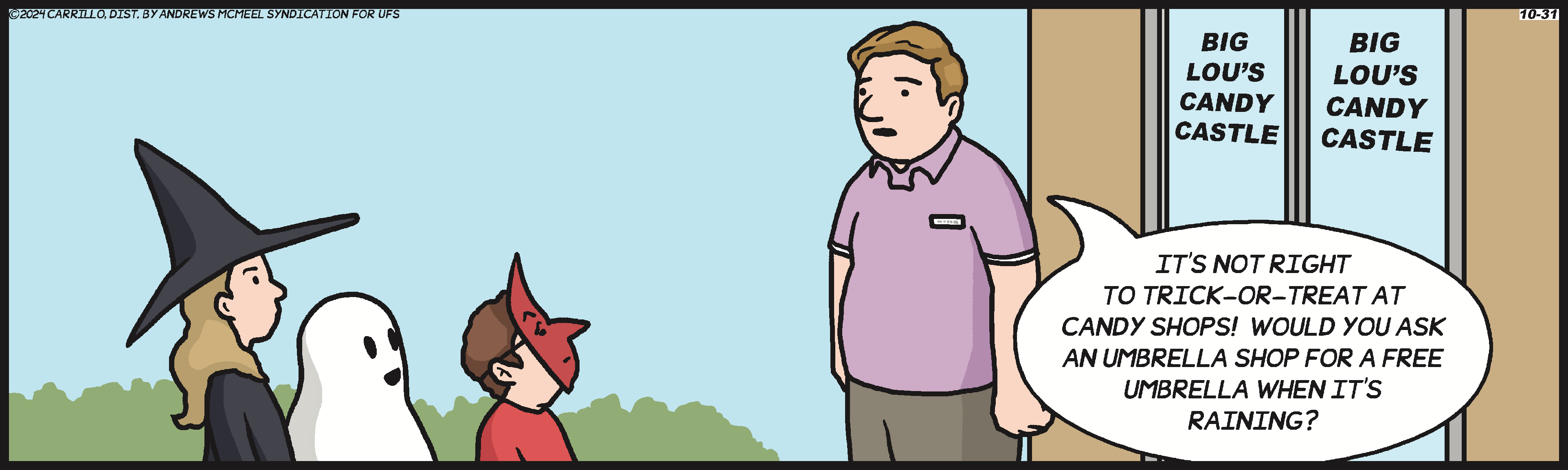 A cartoon scene featuring a man in a purple shirt standing next to a red cartoon character in a grassy area with a clear blue sky in the background. The man appears to be engaged in conversation with the character.
