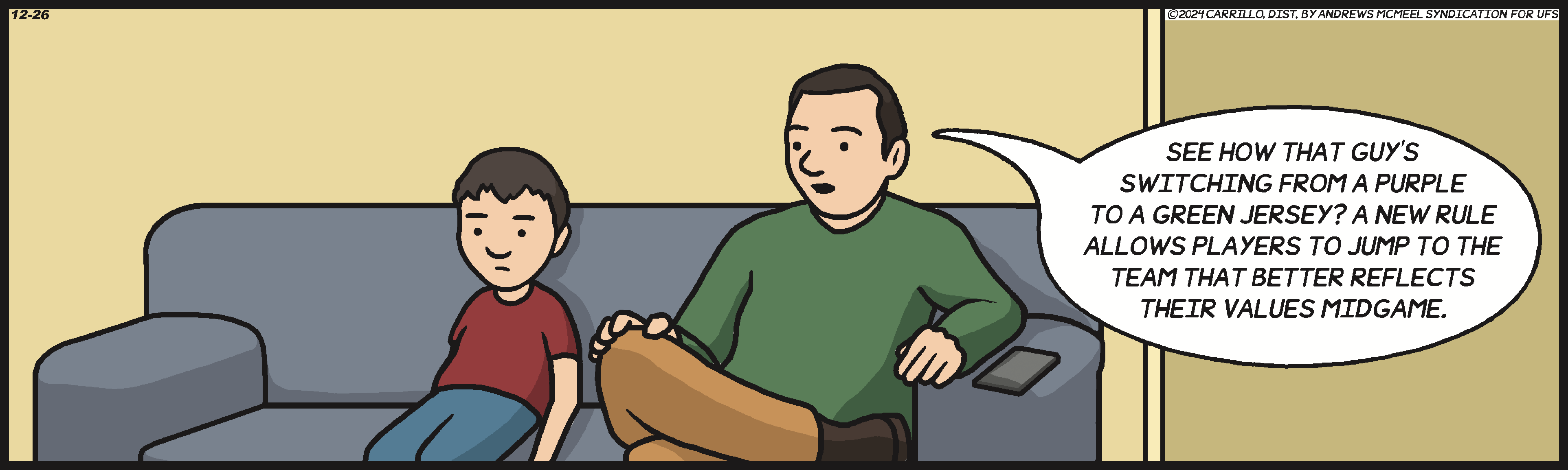 Two characters sitting on a couch, discussing a new rule that allows players to switch teams midgame to better align with their values, showcasing a player changing from a purple jersey to a green one.