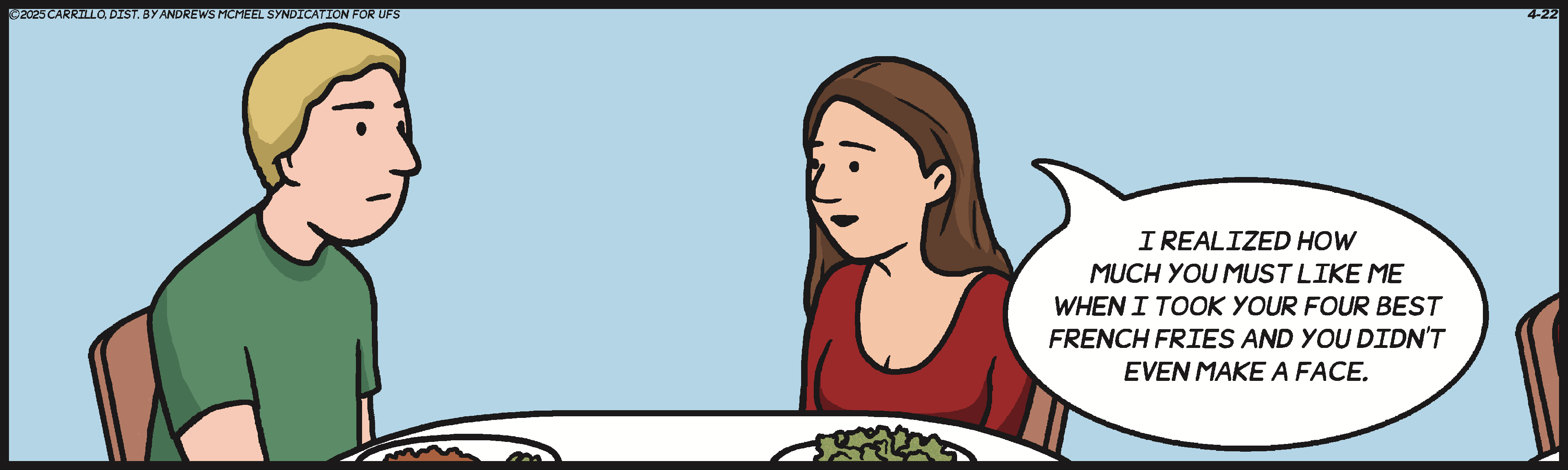 A humorous cartoon depicting a man and a woman at a dining table. The woman comments on how much the man must like her for not reacting when she took some of his French fries. The scene showcases a lighthearted conversation about food and relationships.
