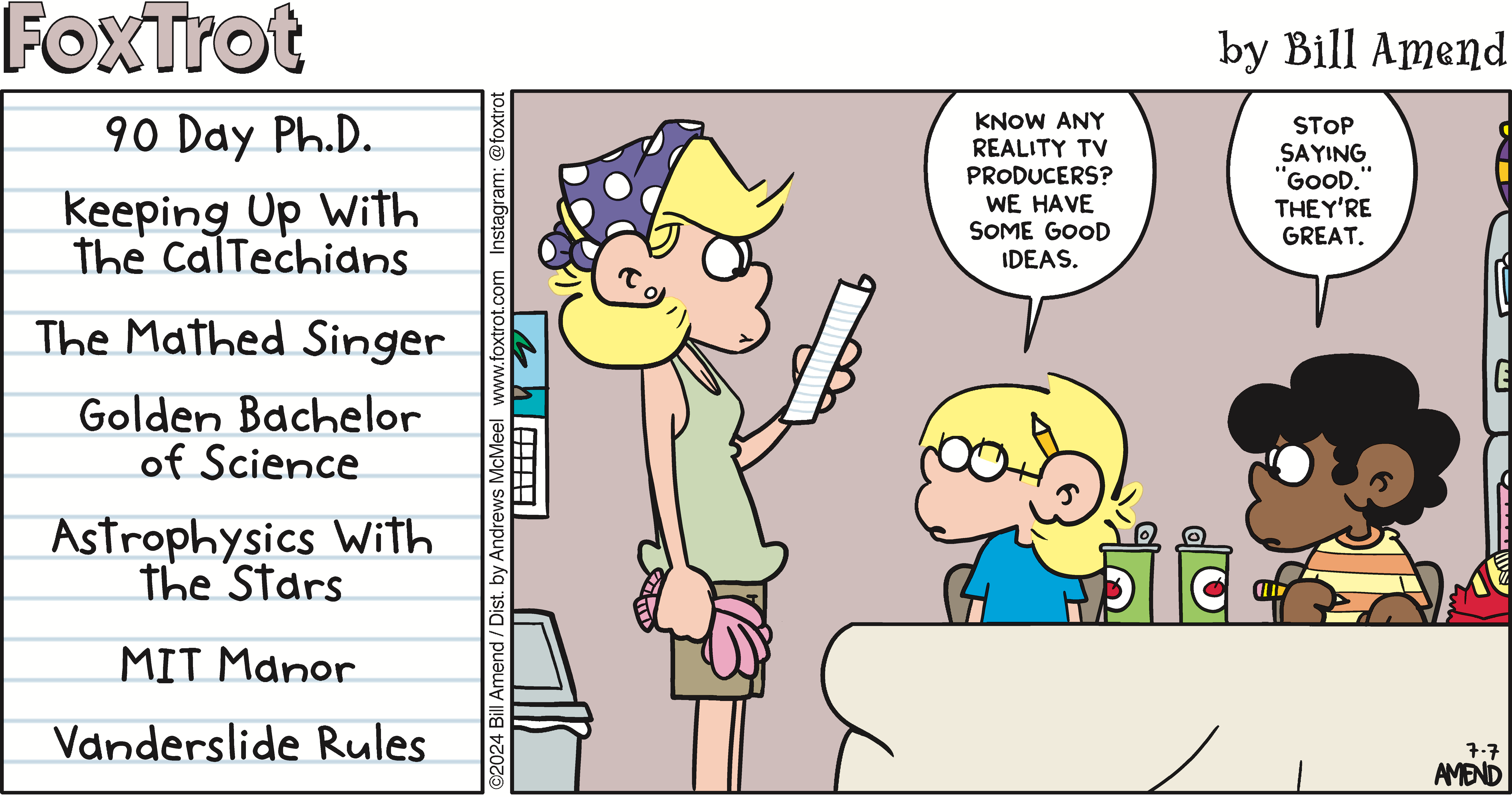 A comic strip from FoxTrot by Bill Amend featuring three characters discussing ideas for reality TV shows. The list includes humorous titles like 