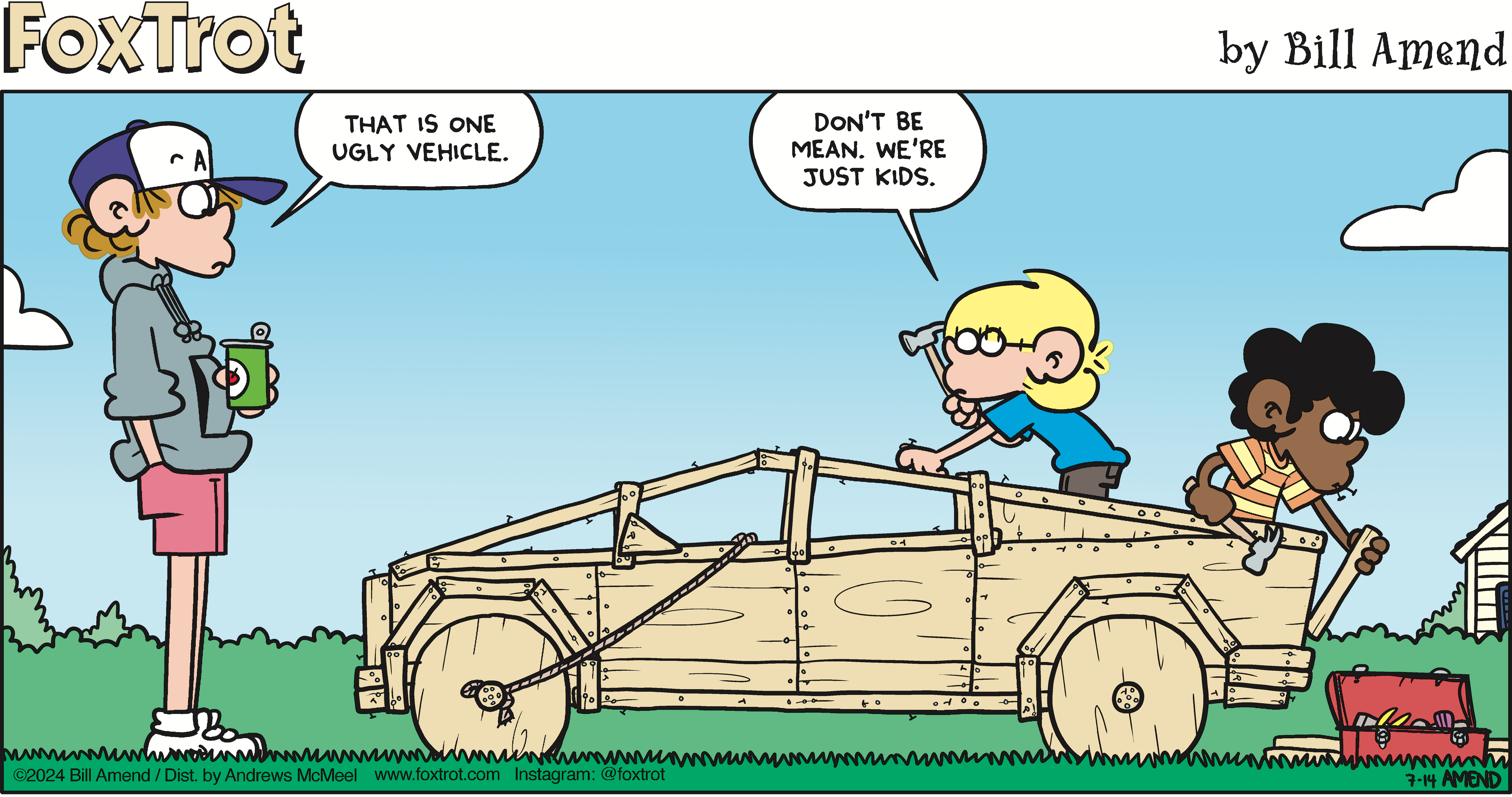 Cartoon illustration from FoxTrot by Bill Amend, depicting three kids working on a wooden vehicle. One child comments on its appearance, while another defends their project. The scene captures themes of childhood creativity and camaraderie, set against a bright blue sky and grassy background.