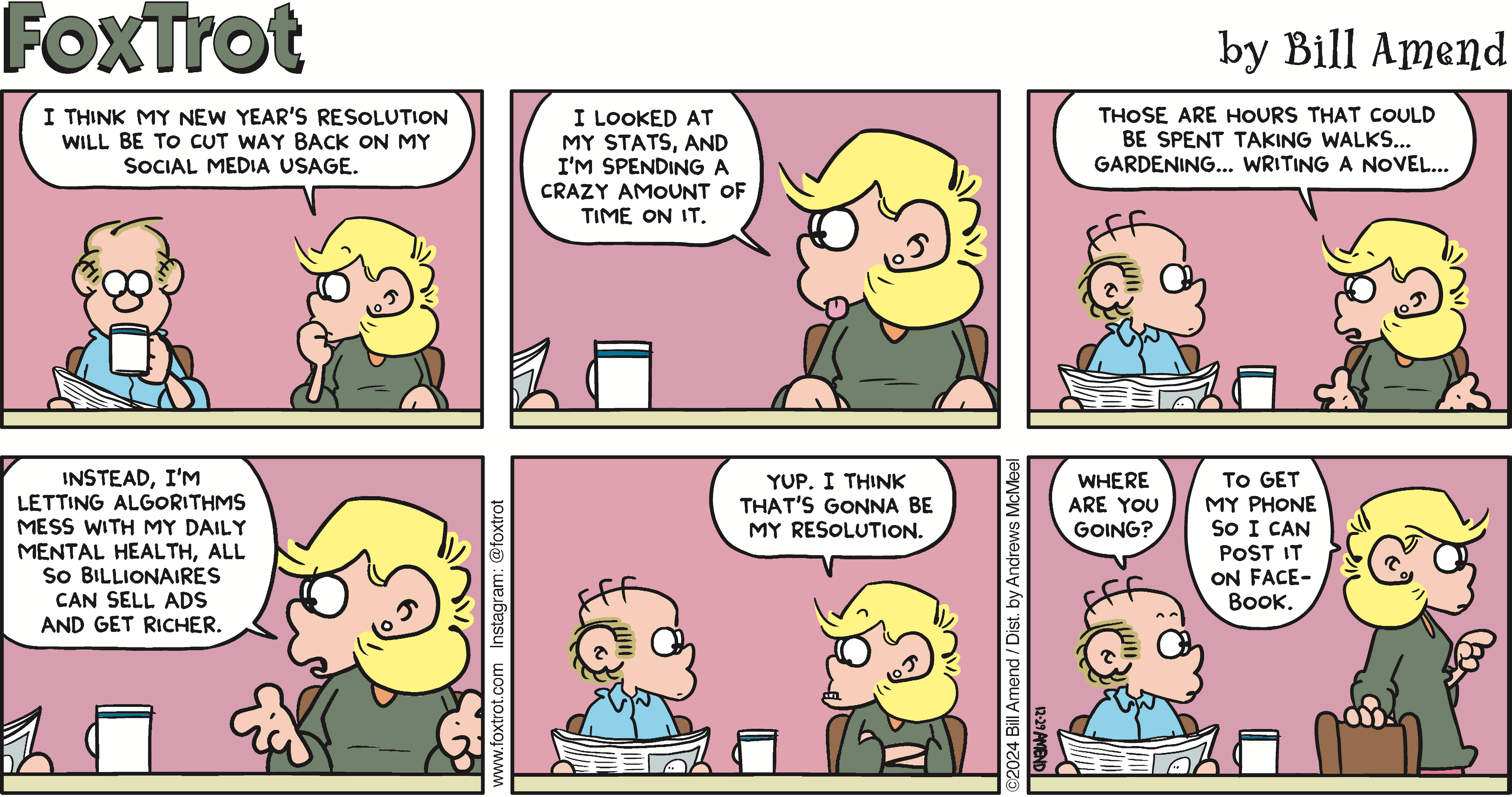 Comic strip from FoxTrot by Bill Amend featuring a conversation about New Year's resolutions focused on reducing social media usage. Characters discuss the impact of social media on mental health and the irony of wanting to post about their resolution online.