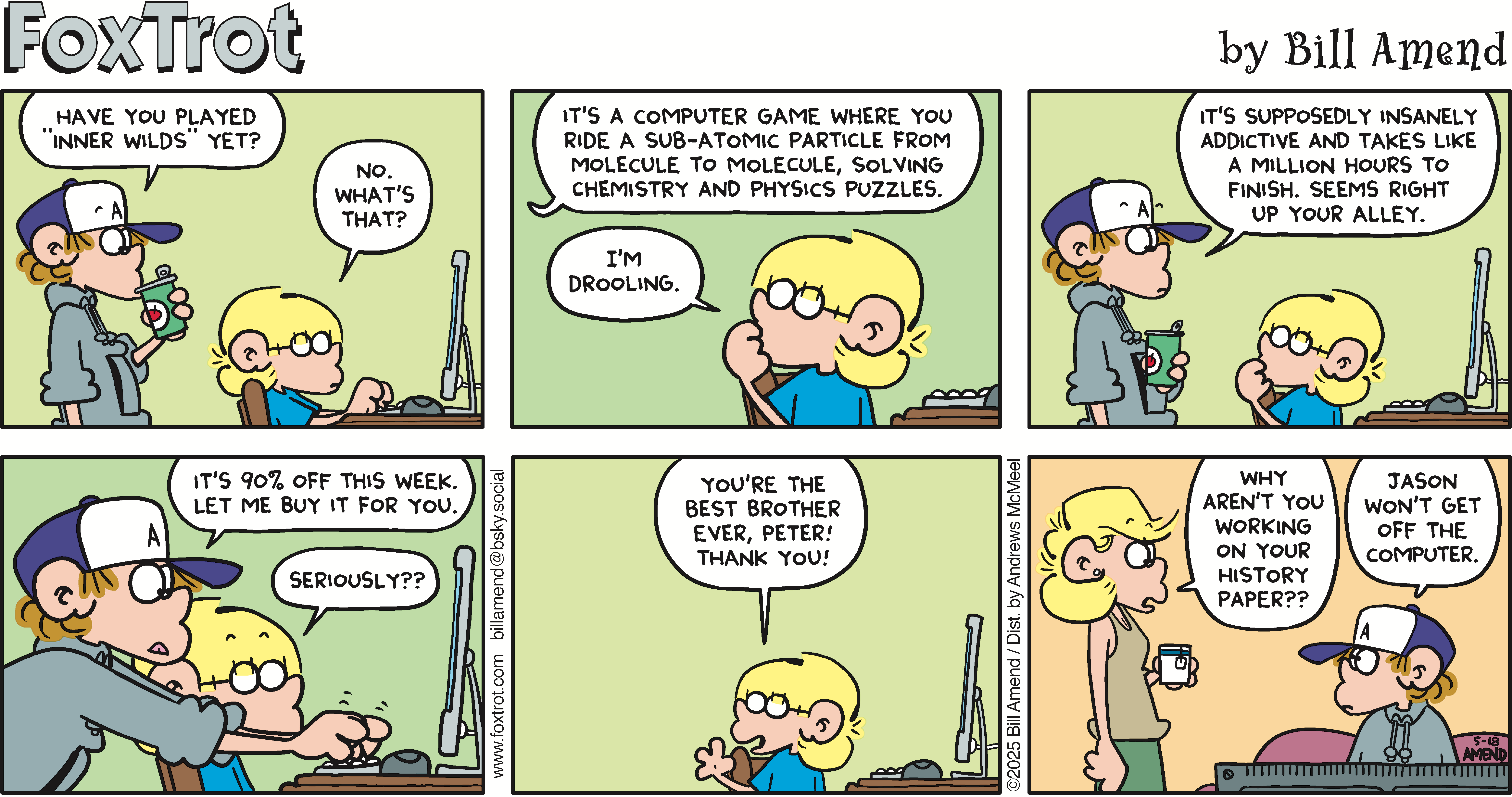 Comic strip from FoxTrot by Bill Amend featuring two brothers discussing a video game called 
