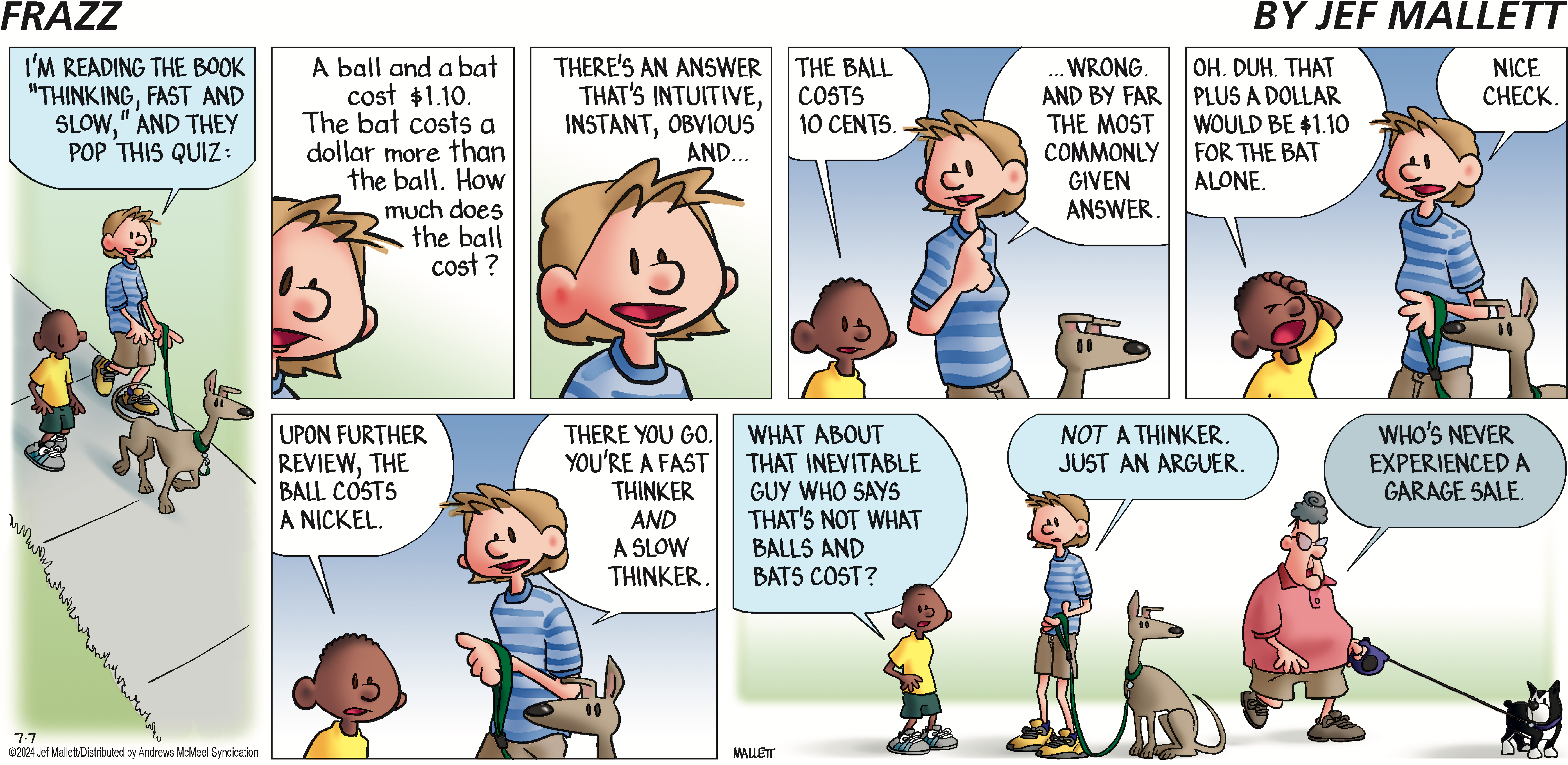 A comic strip featuring two boys discussing a math question about the cost of a ball and bat, illustrating the common misconception that the ball costs 10 cents. The conversation highlights different thinking styles, with one boy concluding the ball costs a nickel after further review. The scene includes two dogs and a humorous comment about garage sales.