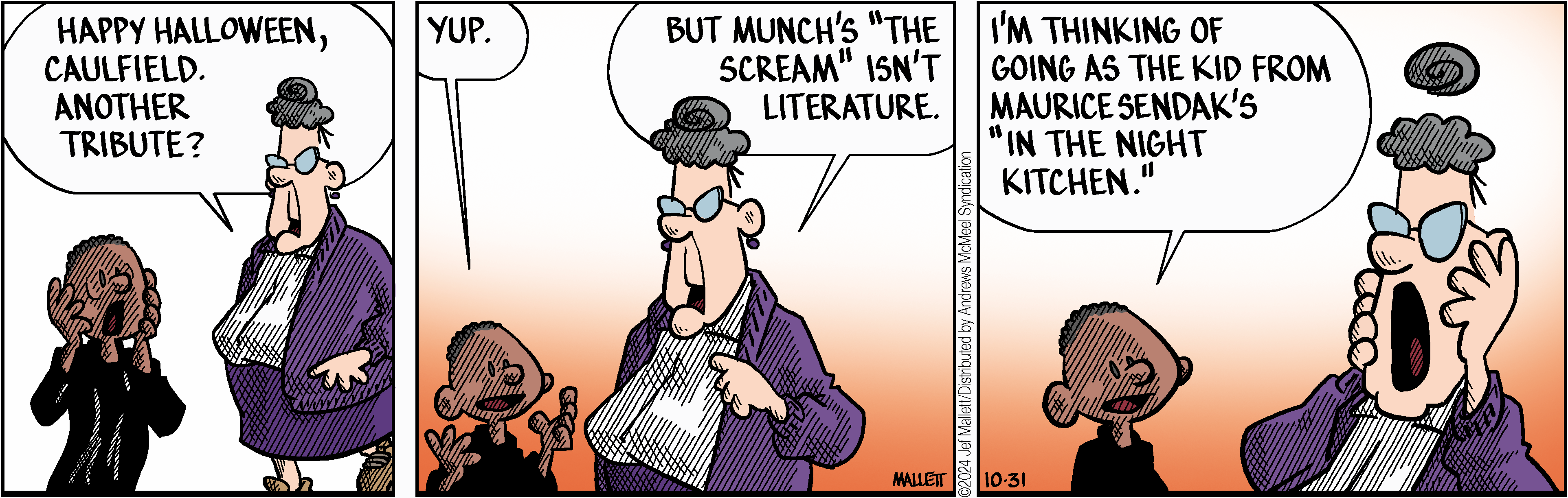 Cartoon depicting a discussion about Edvard Munch's painting 