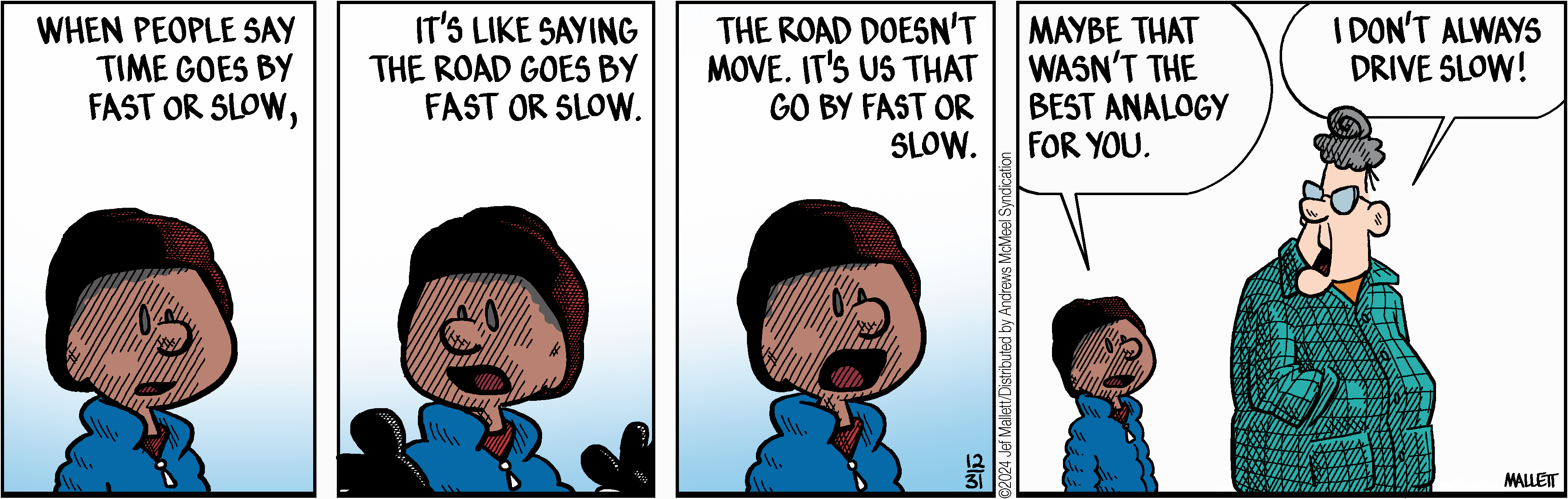 A two-panel comic featuring a young boy in a winter hat and blue jacket discussing the concept of time and movement, emphasizing that the road remains stationary while people perceive speed differently.