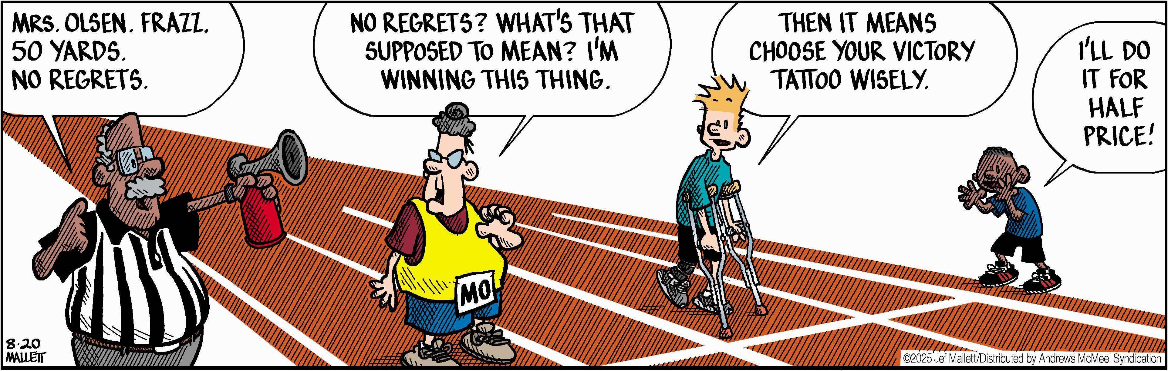 Cartoon depicting a humorous race scene with a referee, a runner named Mo, and two other characters discussing victory tattoos. The setting is a track, emphasizing competition and lighthearted banter about winning and choices in life.