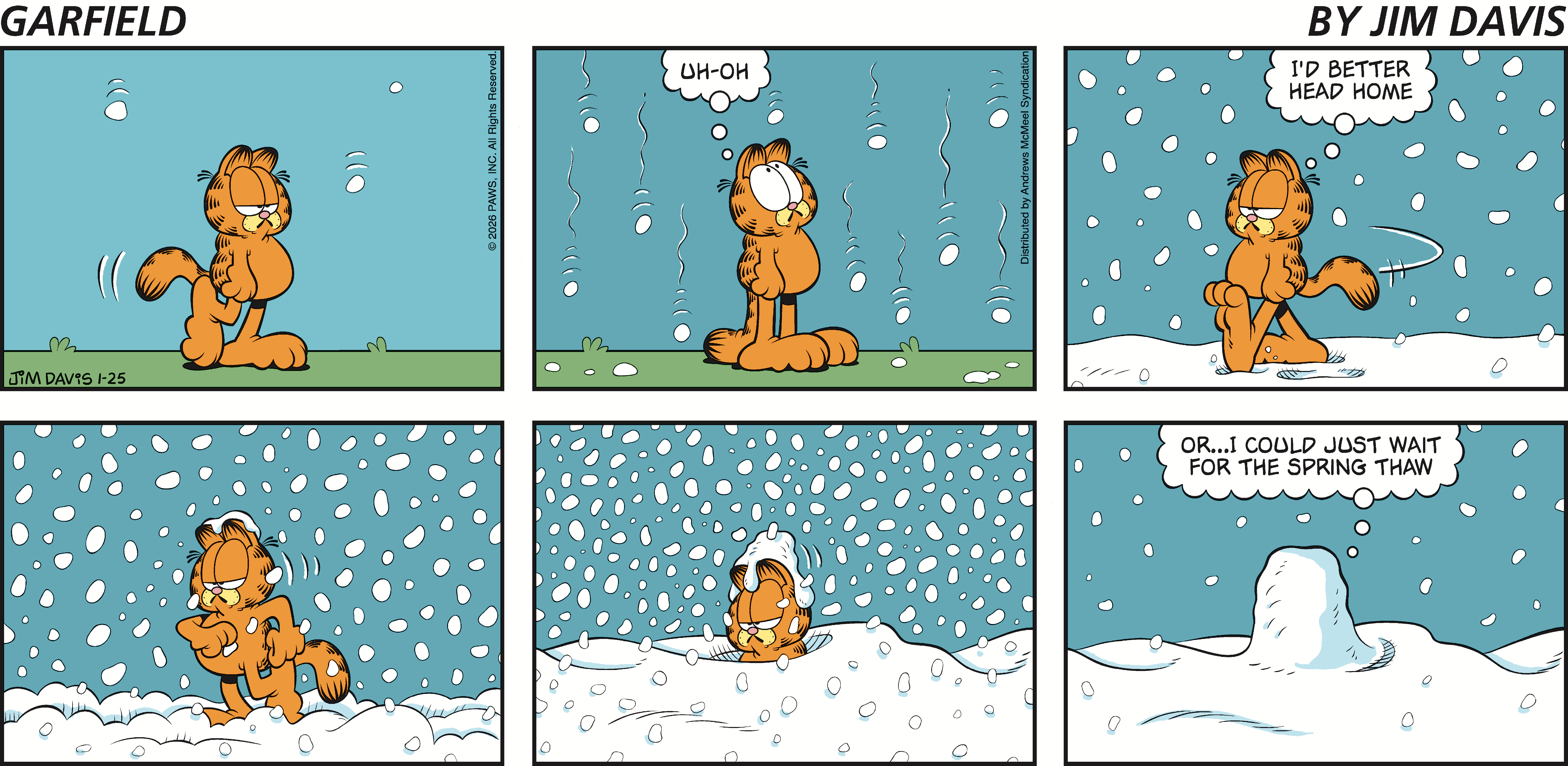 Garfield comic strip depicting the iconic cat navigating through falling snow. The first panel shows Garfield looking concerned, followed by him walking in heavy snowfall. In the final panels, he humorously considers waiting for spring instead of heading home through the snow.