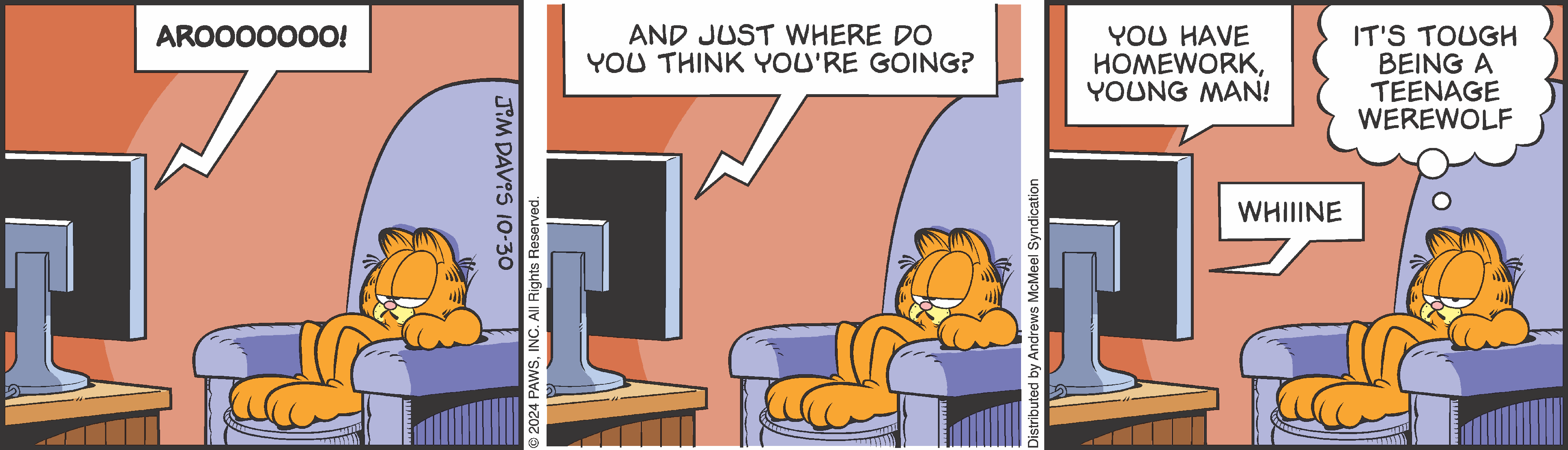 A cartoon featuring Garfield the cat lounging on a chair with a TV in front. Garfield humorously reacts to being told he has homework, expressing frustration about being a teenage werewolf. The comic showcases the playful and sarcastic humor typical of the Garfield series.