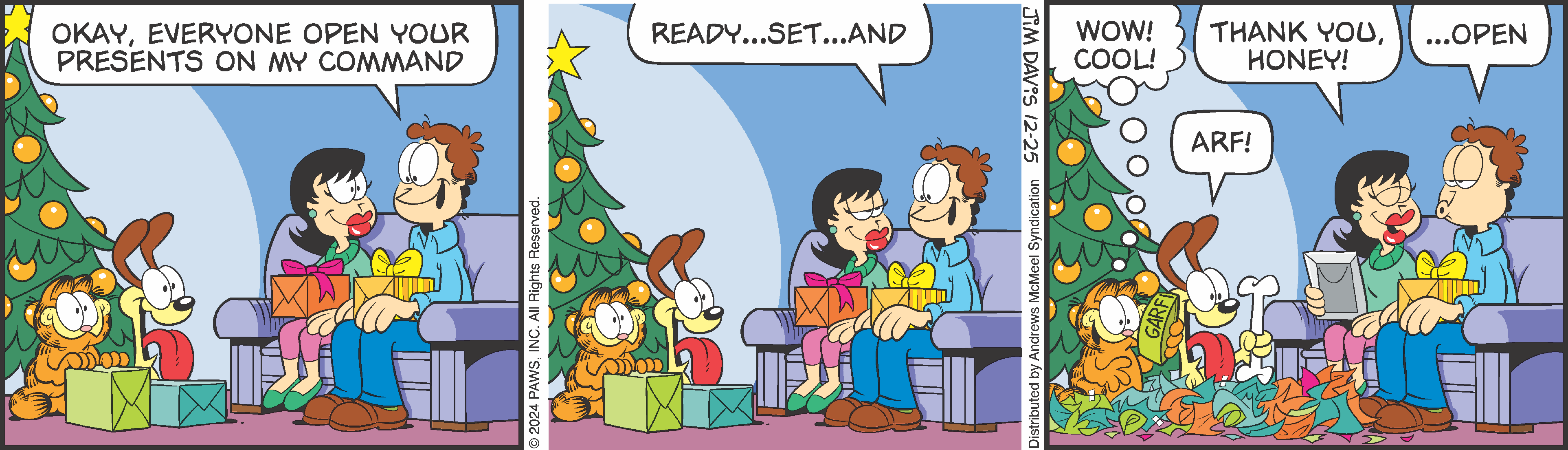 Cartoon scene featuring a Christmas tree, a man and a woman sitting on a couch with gifts, a dog, and a cat. The characters are excitedly preparing to exchange presents, capturing a festive holiday spirit.