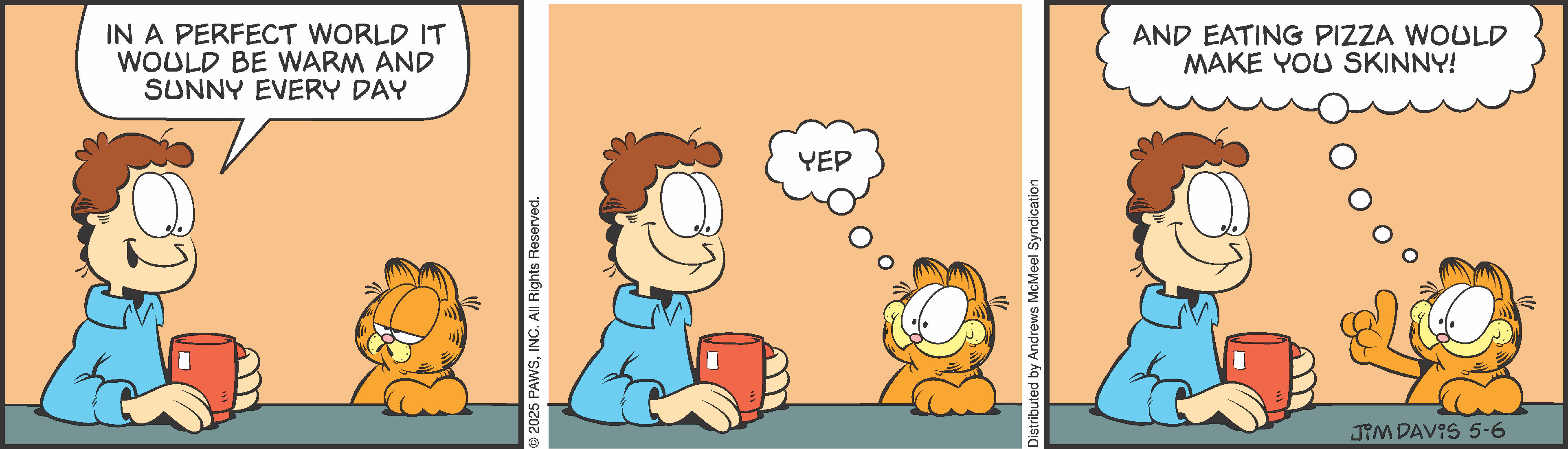 A man sitting at a table with a red coffee mug, smiling at a cartoon cat that is thinking 