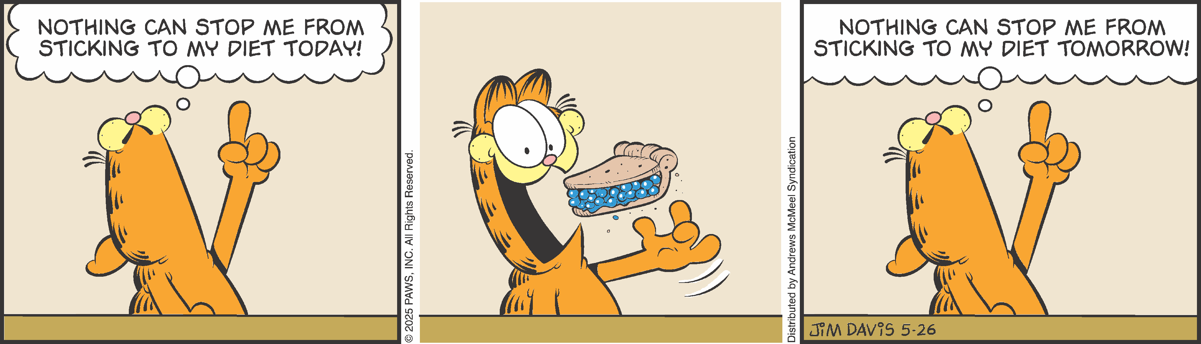 Cartoon character Garfield joyfully holding a slice of pie with blue filling, showcasing his love for food and humor.