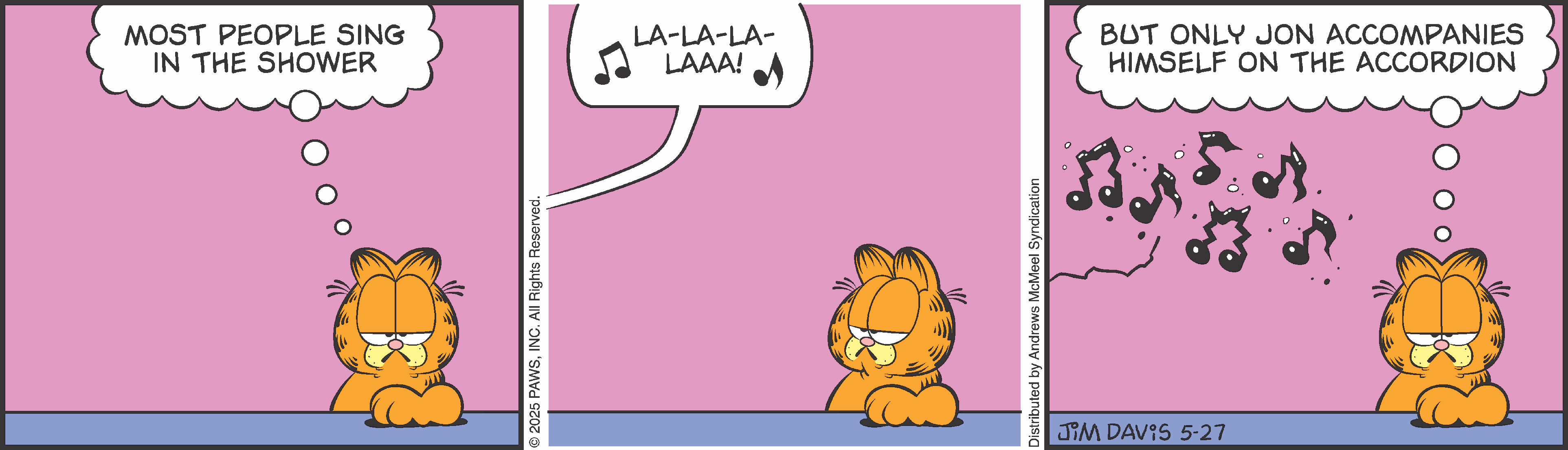 Garfield, the famous cartoon cat, sits at a table with a skeptical expression while singing 