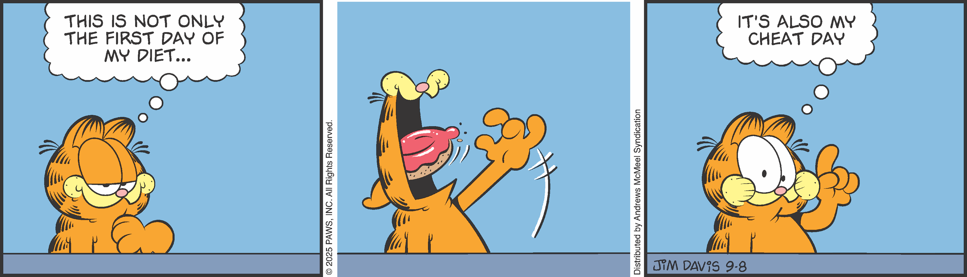 Cartoon cat character with orange fur yawning widely, showing its pink tongue and playful expression against a light blue background.
