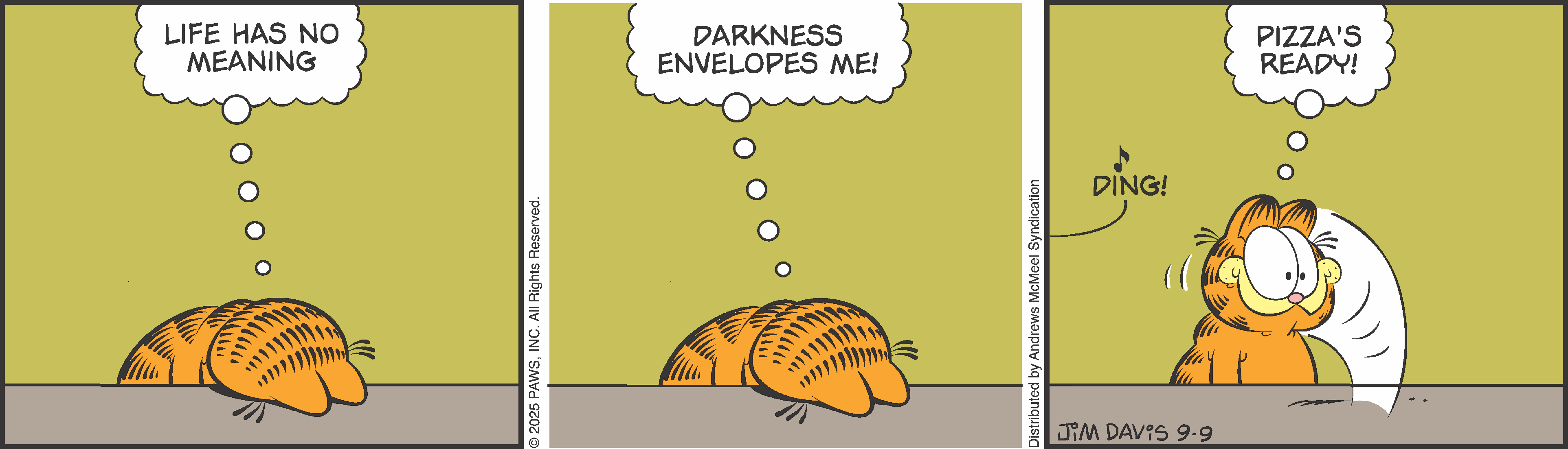 A cartoon cat lying down with its head resting on the surface, surrounded by a thought bubble that reads 