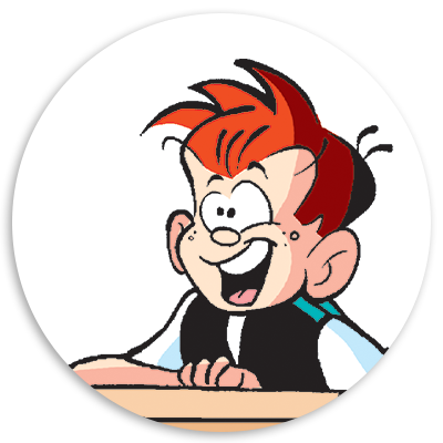 Cartoon character with red spiky hair and a big smile, wearing a black vest over a white shirt, sitting at a table. The character has large ears and an animated expression, conveying joy and excitement.