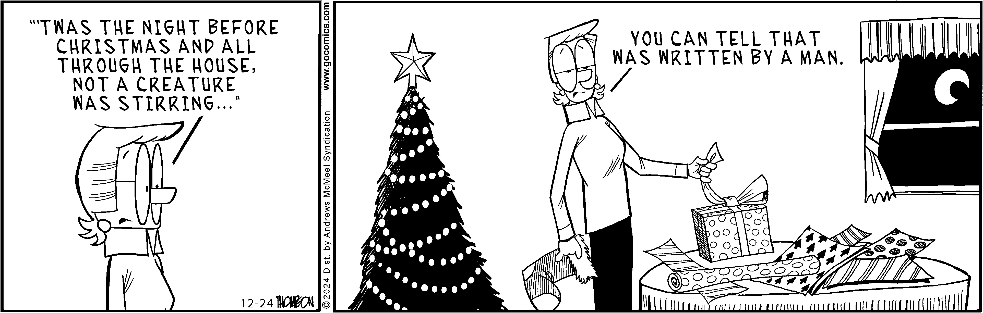 A humorous comic strip depicting a woman in front of a decorated Christmas tree, referencing the famous poem 